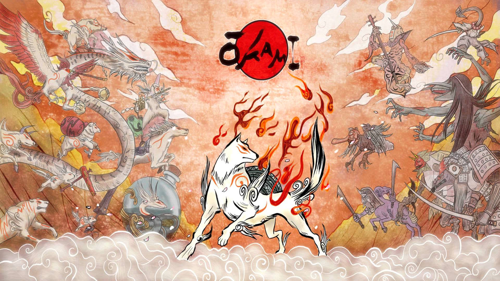 一隻帶火焰的白狐在神話野獸和戰士的環繞下穿過雲層奔跑。