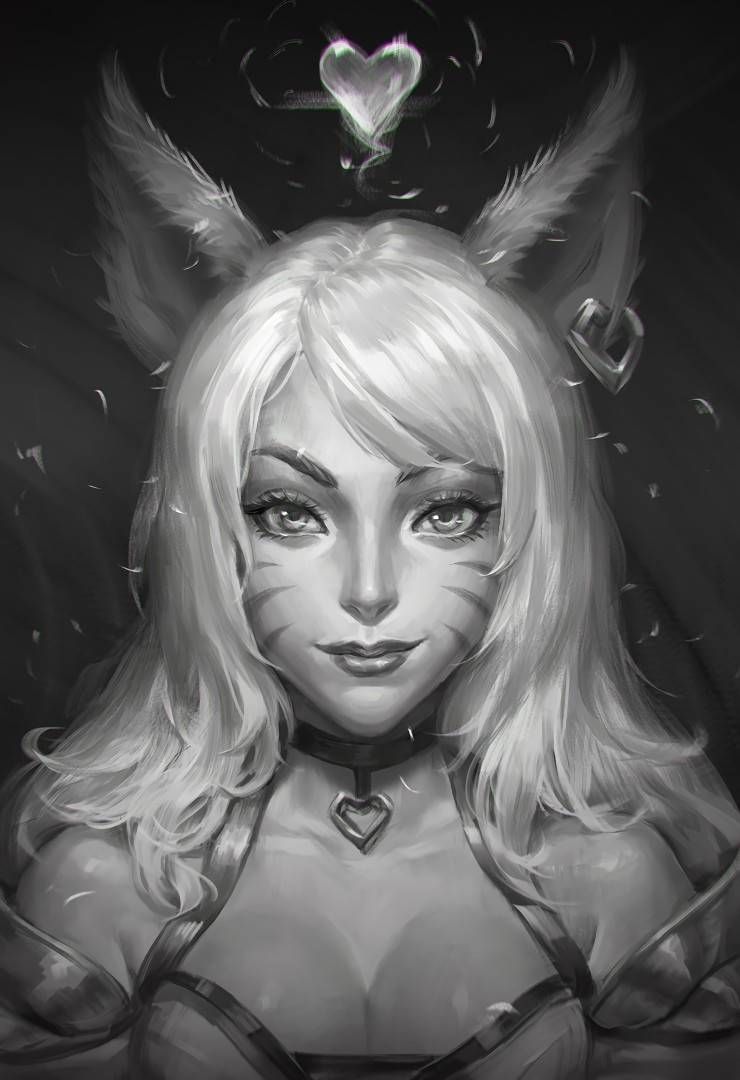阿璃黑白素描 壁紙 — 一個單色動漫風格肖像，描繪一位貓耳女性，頭頂上方有發光的心形，耳朵帶有羽毛。