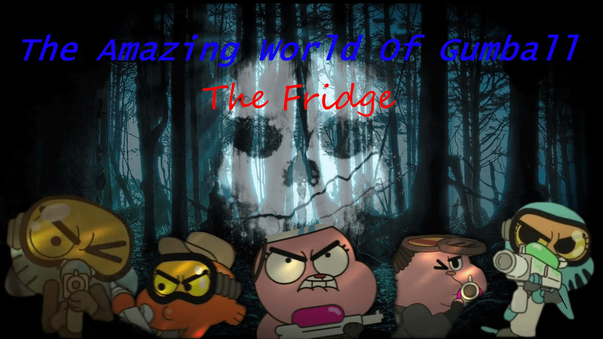 the amazing world of gumball 桌布 壁紙 — 《阿甘妙世界》嘅卡通角色企喺黑暗森林入面，後面有個發光嘅骷髏頭。
