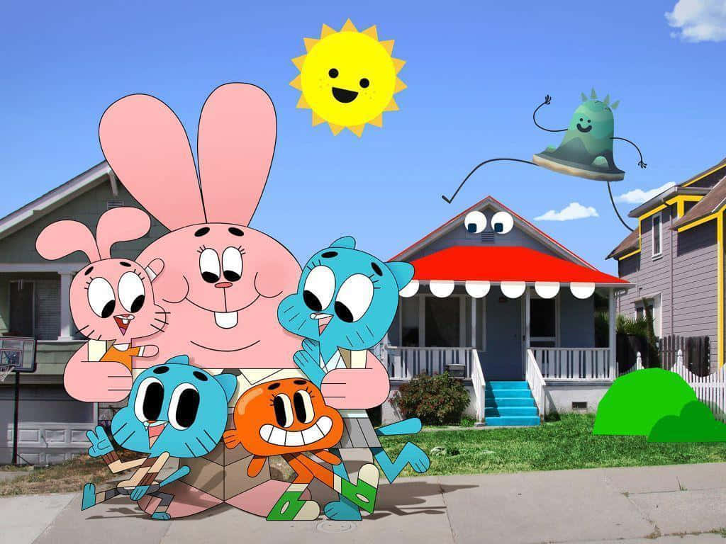 the amazing world of gumball 桌布 壁紙 — 《阿甘妙世界》嘅卡通角色喺微笑太陽下，開心噉企喺一間郊區屋前面。