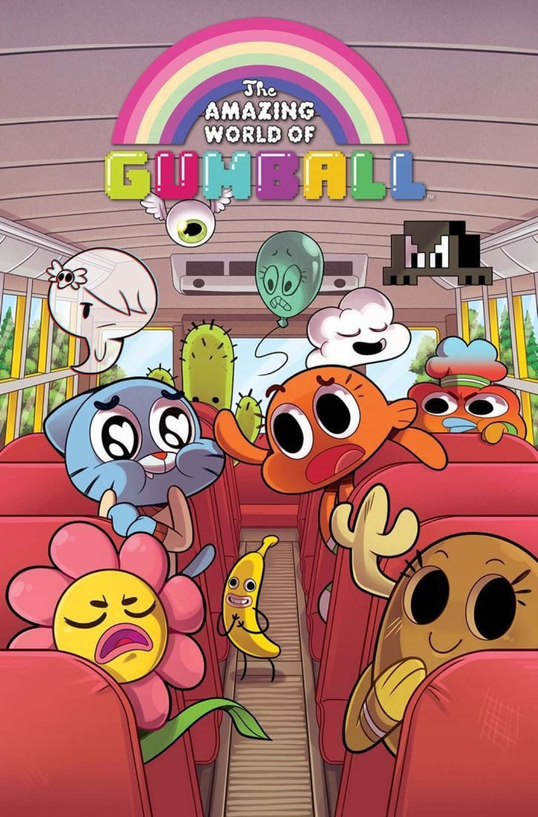 the amazing world of gumball 桌布 壁紙 — 《阿甘妙世界》嘅卡通角色坐喺一架有彩虹同香蕉吉祥物嘅巴士上。