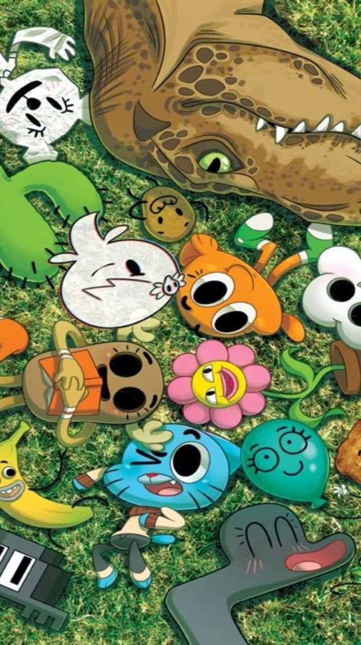 the amazing world of gumball 桌布 壁紙 — 《阿甘妙世界》的卡通角色散落在綠色草地上，一個巨大的恐龍頭部懸在頭頂。