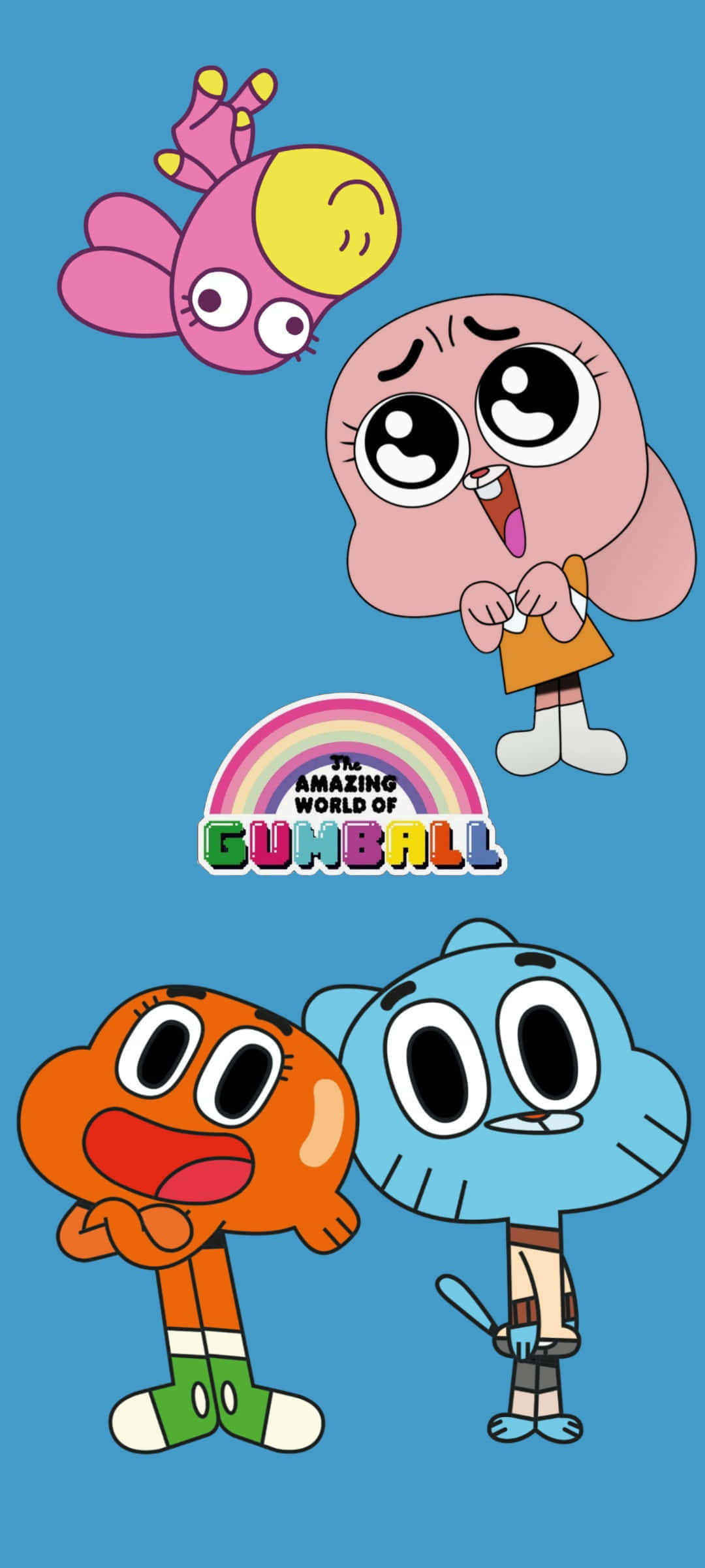 the amazing world of gumball 桌布 壁紙 — 《阿甘妙世界》的四個卡通角色在純藍色背景上漂浮，並帶有節目標誌。