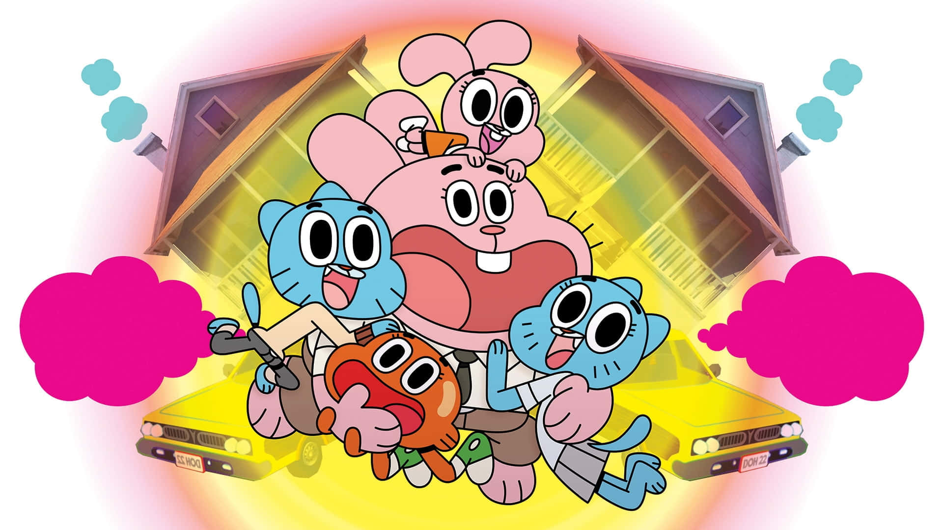 Gumball And Darwin 桌布 壁紙 — 阿甘家族愉快地乘坐一輛黃色汽車，伴隨著粉紅色的煙霧雲，背景是發光的黃色。