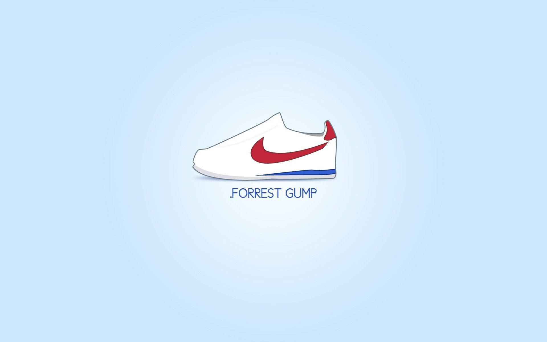 《阿甘正傳》Nike Cortez 矢量藝術圖 壁紙 — 一對簡約白色運動鞋，帶紅色勾勾和藍色鞋底，置於柔和藍色漸變背景中央，下方有文字。