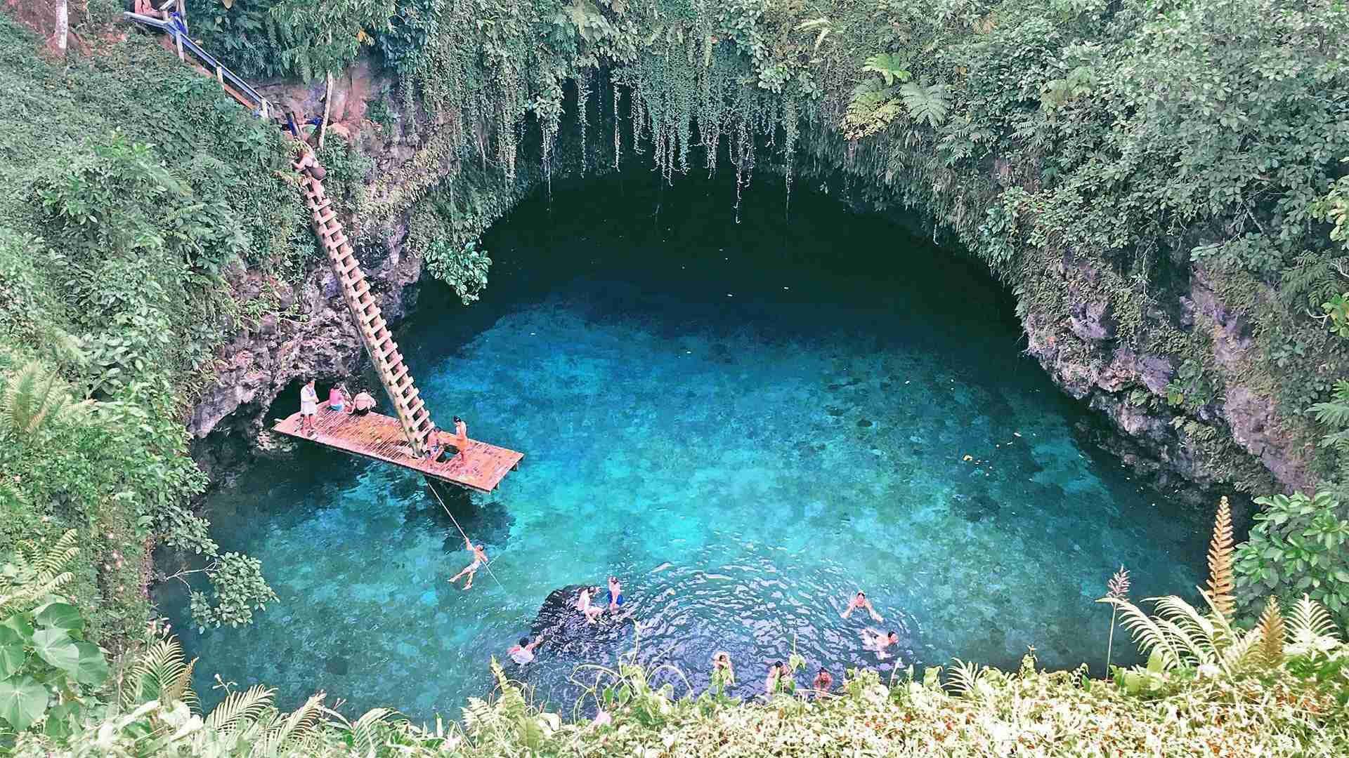人們在茂密叢林中的綠松石色天然水池裡游泳和跳水。