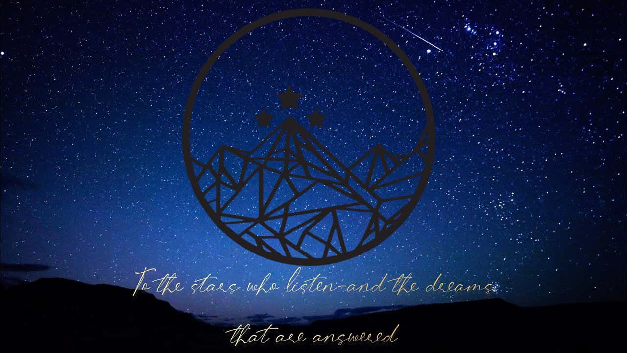 幾何山脈剪影在滿天星斗的夜空下，有流星和勵志文字。
