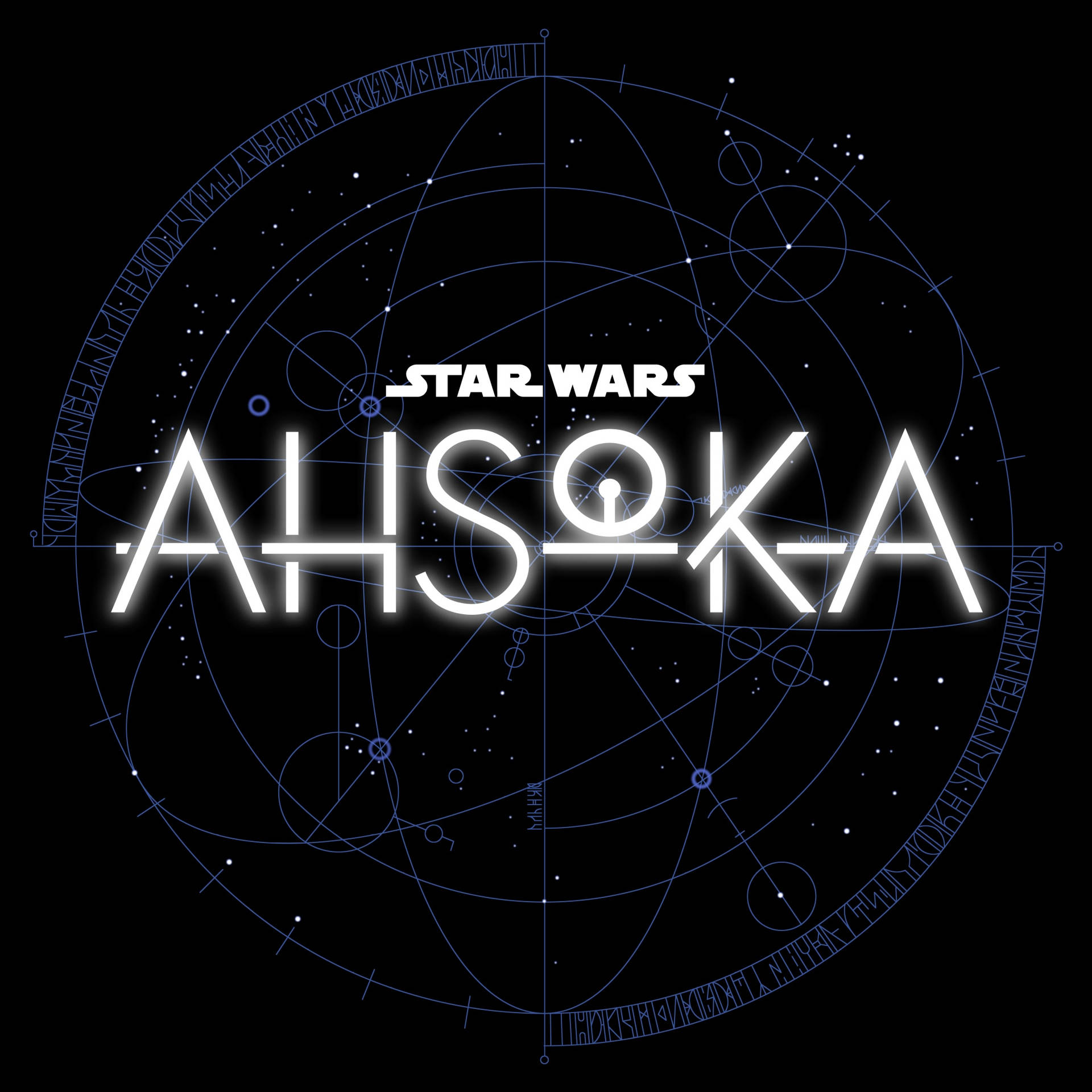 Star Wars Ahsoka 標題標誌，在黑色背景上帶有發光白色文字和藍色星圖。