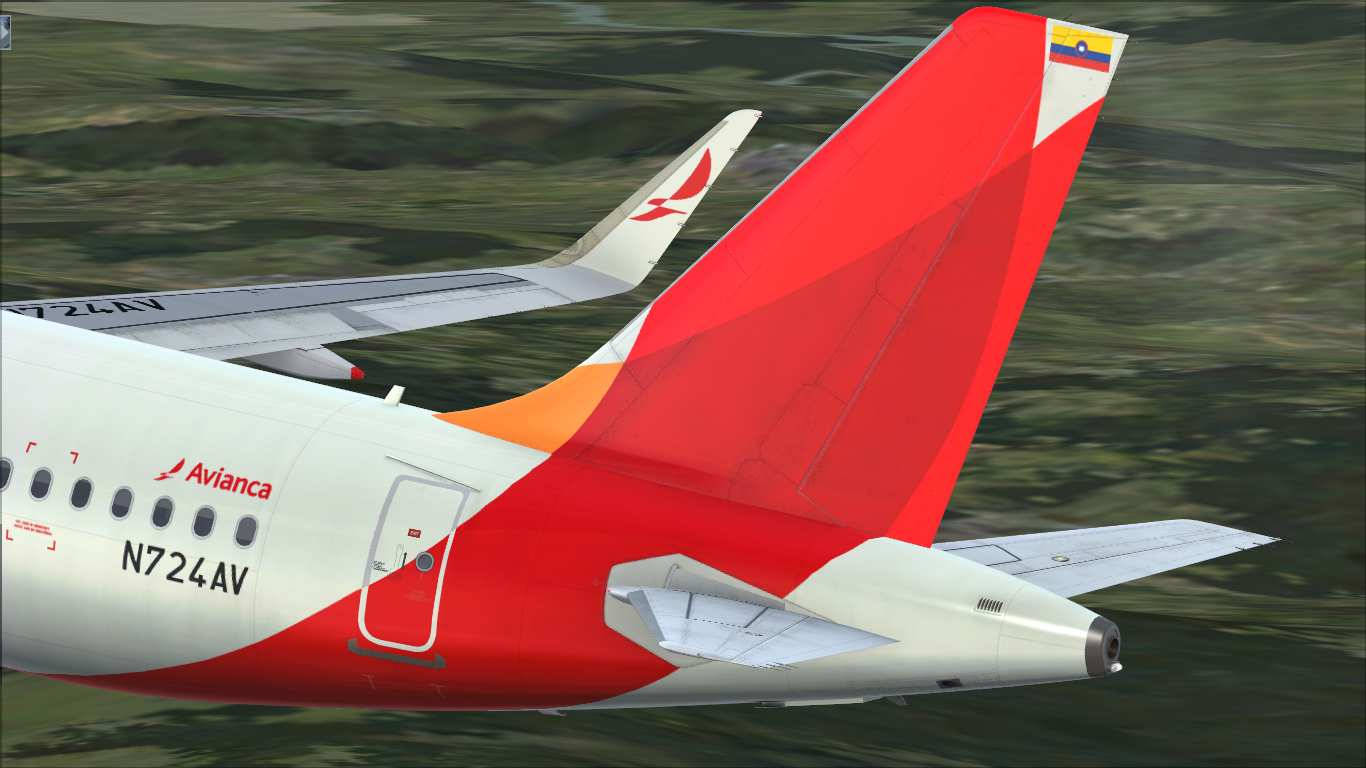 Avianca 飛機在綠色地形上空飛行，帶有紅色尾翼。