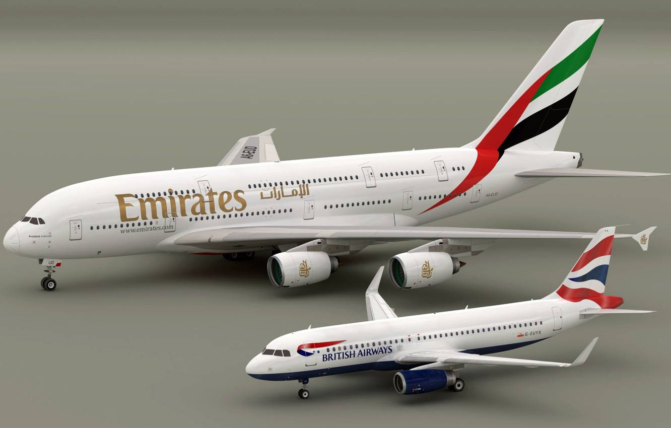 兩架客機阿聯酋航空A380和英國航空B787在攝影棚環境中。