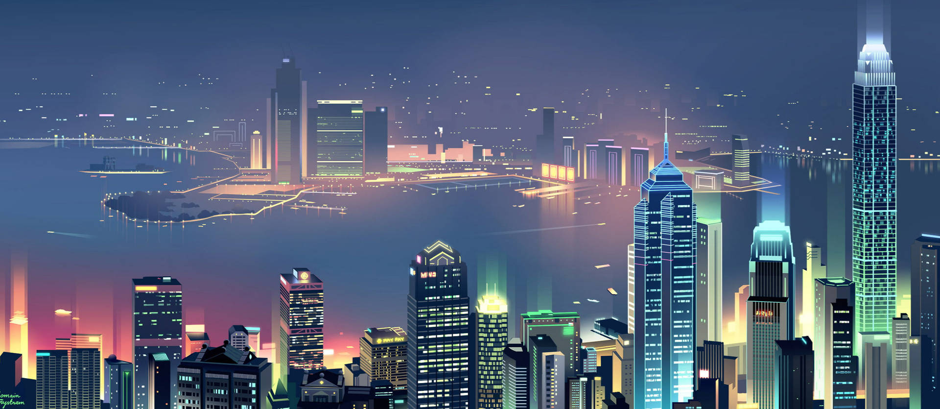 夜晚的城市天際線，閃爍的摩天大樓和水面倒影。