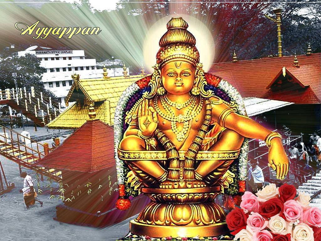 金色的阿亞潘神像被寺廟結構和粉紅玫瑰環繞。