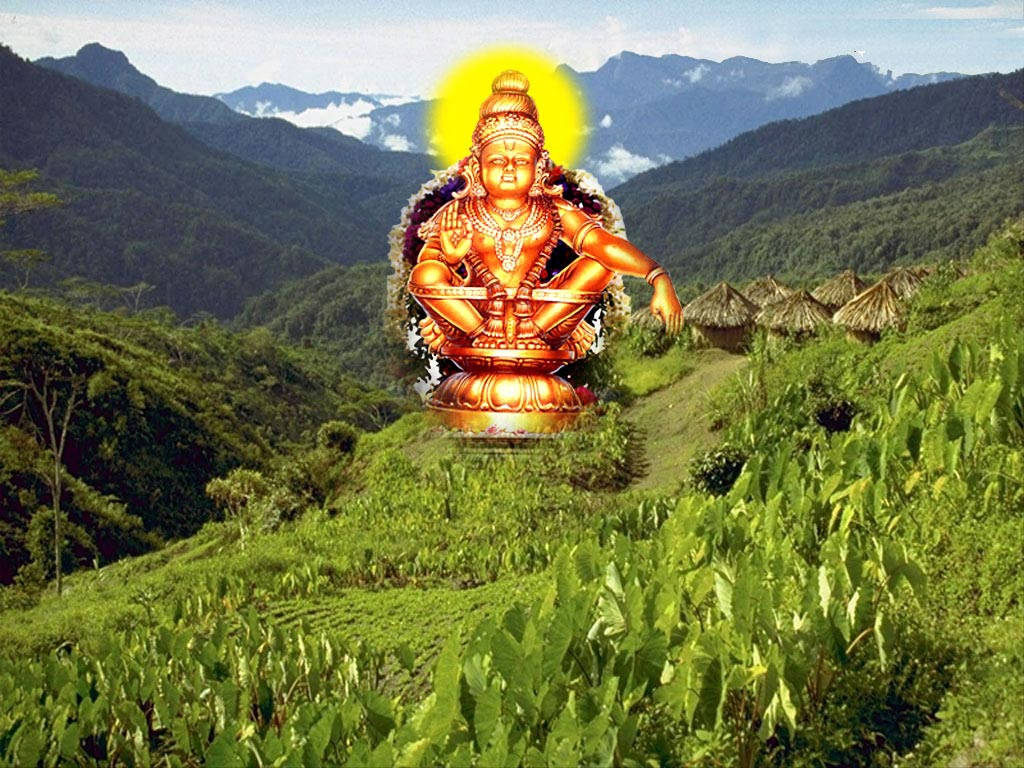 金色神像在翠綠山巒和茅草屋的山脊上發光