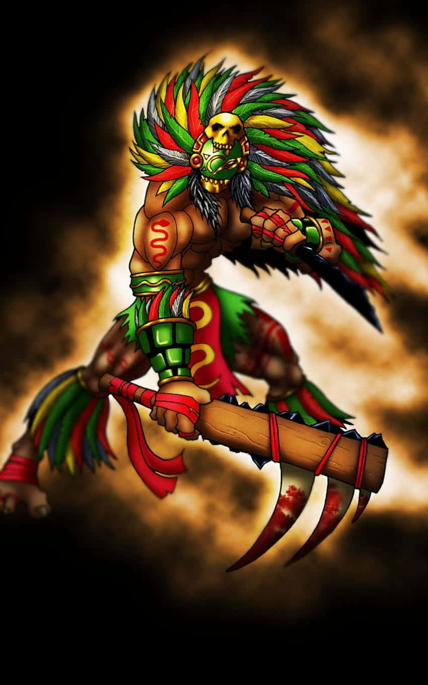一位色彩繽紛的戰士戴著骷髏面具和羽毛頭飾，手持帶刺的棍棒。