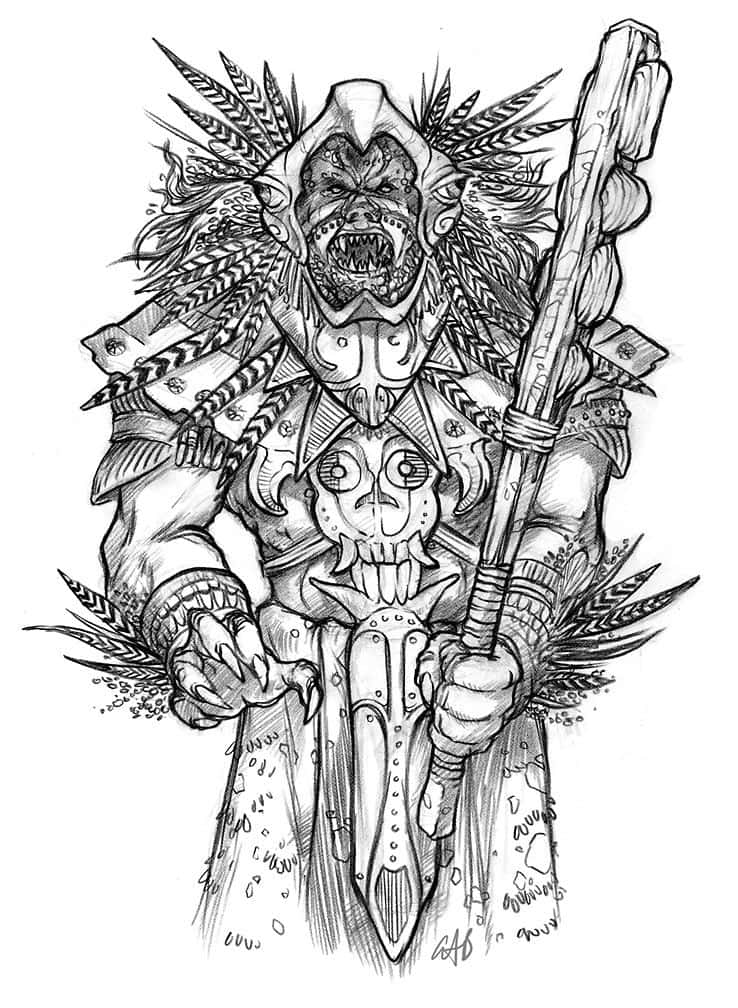 身穿部落盔甲的兇猛獸人戰士手持狼牙棒和劍。