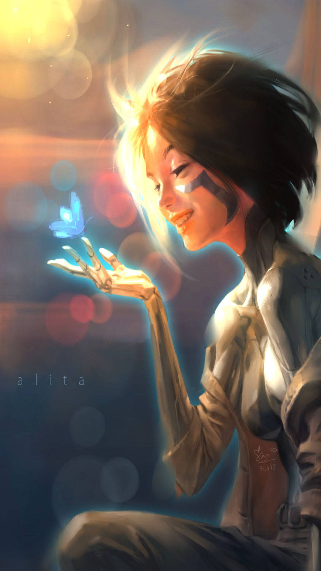 Alita 在柔和的光線中輕輕地捧著一隻發光的藍色蝴蝶。