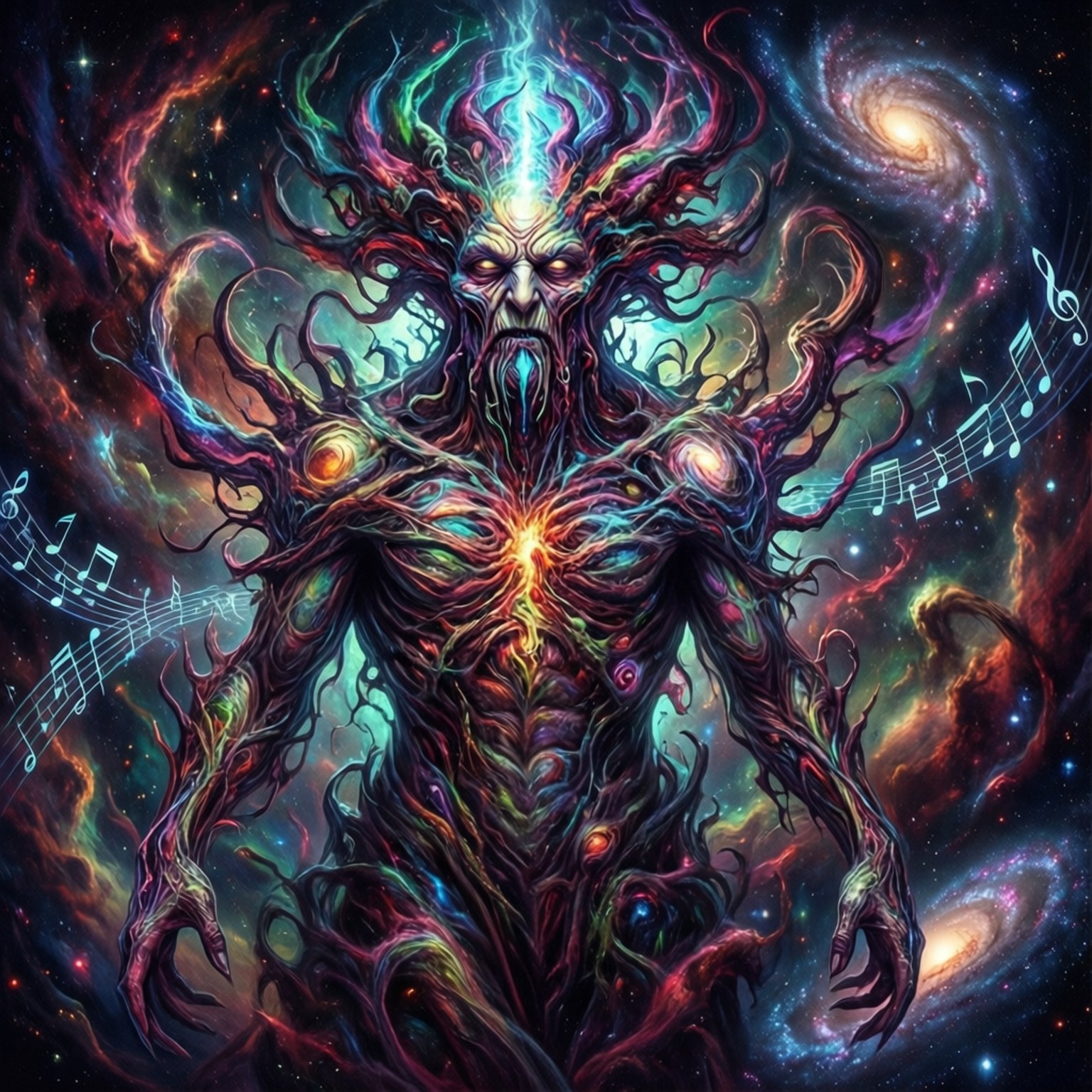 一個擁有發光眼睛的宇宙生物，音樂符號漂浮在色彩繽紛的星雲和星系背景中。