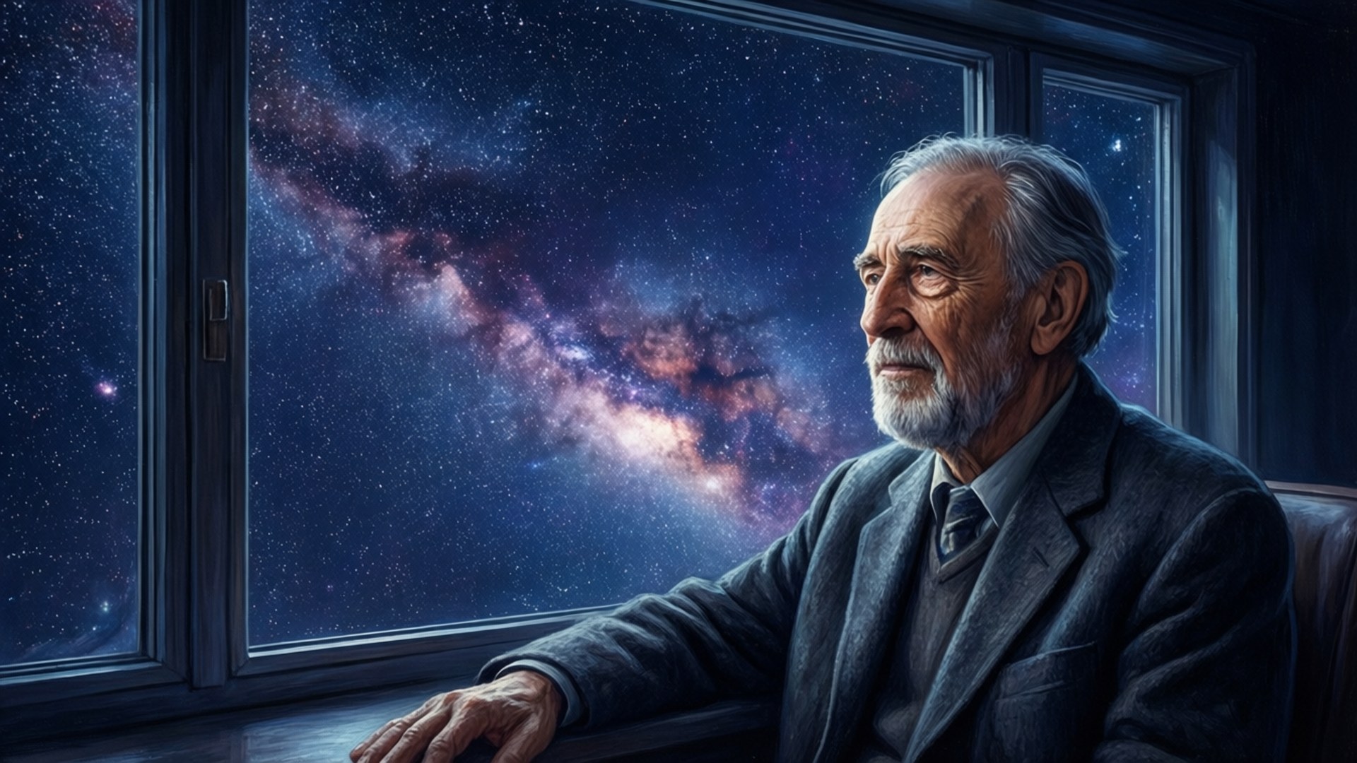 阿西莫夫凝望宇宙 壁紙 — 一位留著白鬍子的老人若有所思地凝視著透過大窗戶可見的充滿活力的銀河系。