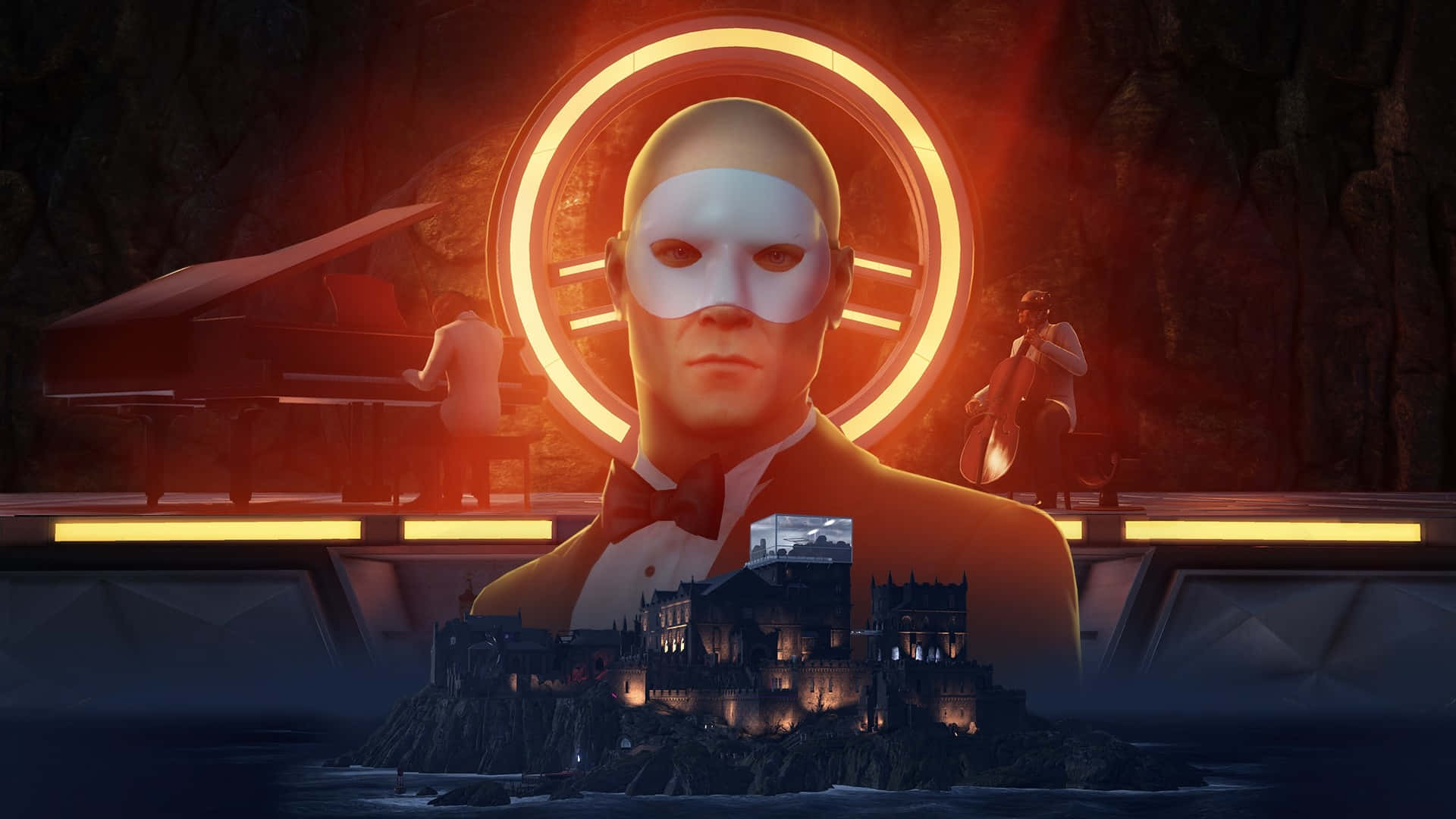 阿賈克斯重返《Hitman 2》 壁紙 — 一位戴面具、身穿燕尾服的男士站在發光的環前，身後有音樂家演奏，下方水面倒映著城堡。