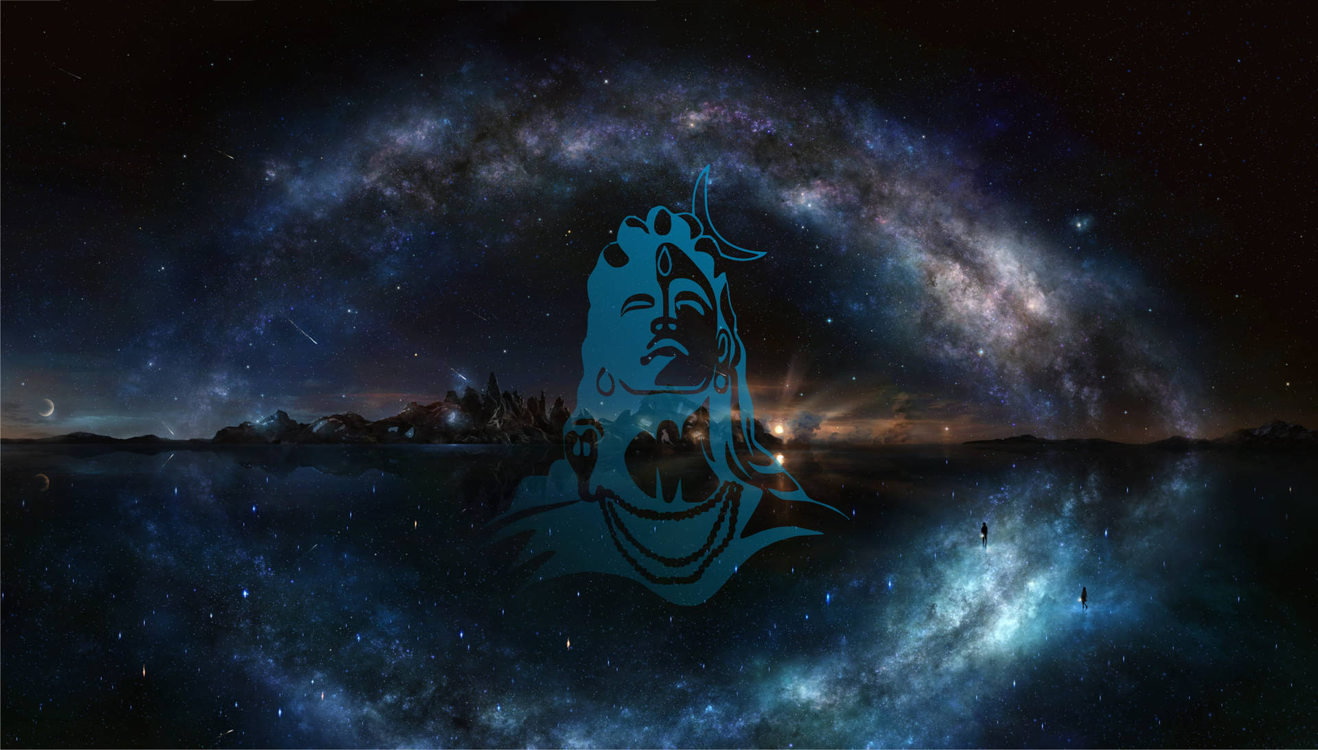 夜晚，藍色濕婆輪廓映襯著星空銀河和山巒地平線。