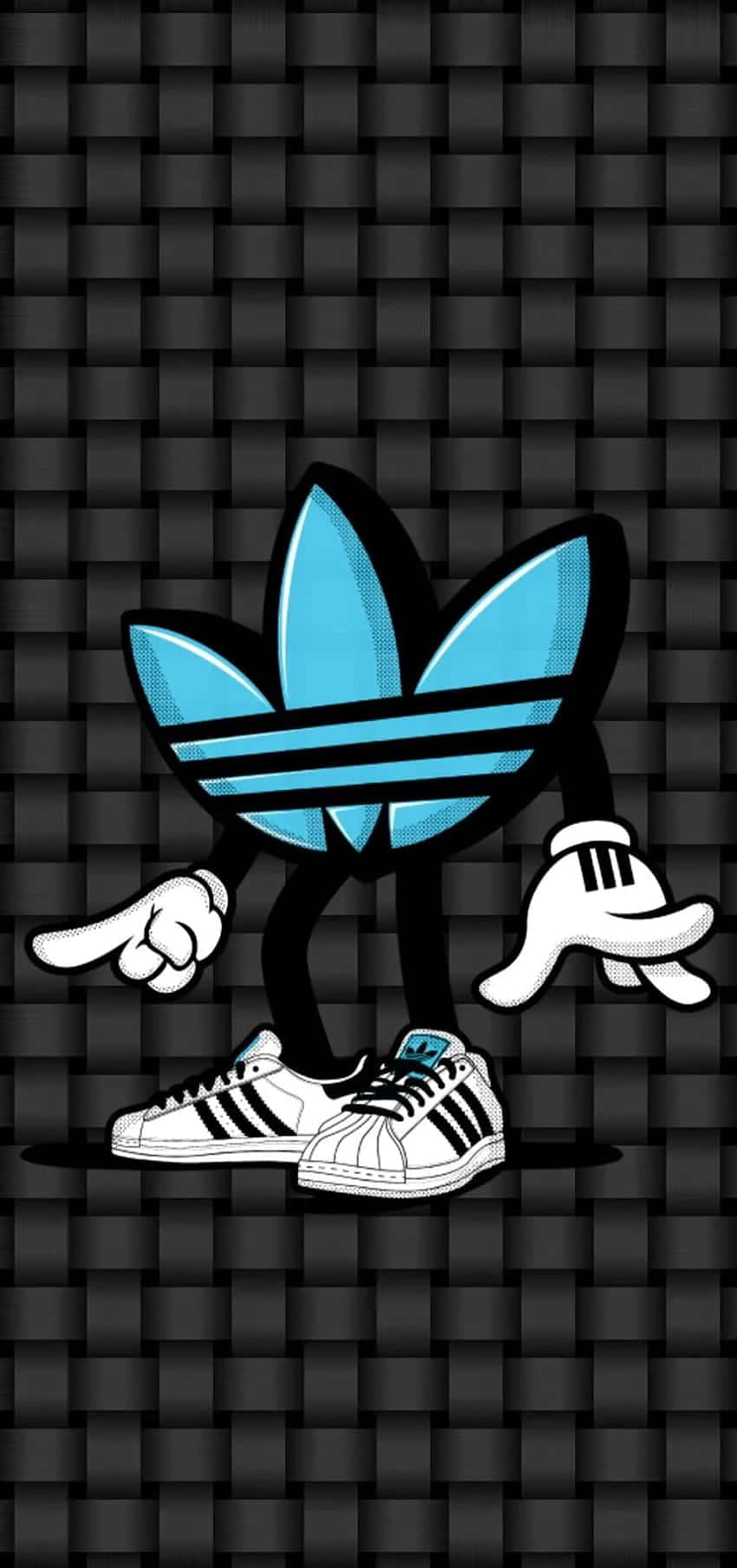 卡通 adidas 標誌角色著住波鞋喺編織背景上