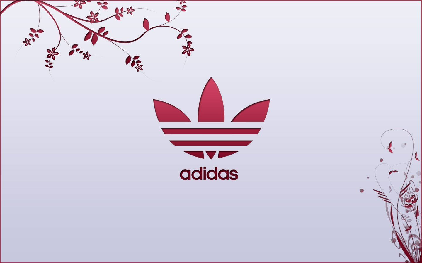 紅色Adidas標誌，帶有裝飾性花卉藤蔓，位於漸變背景上。