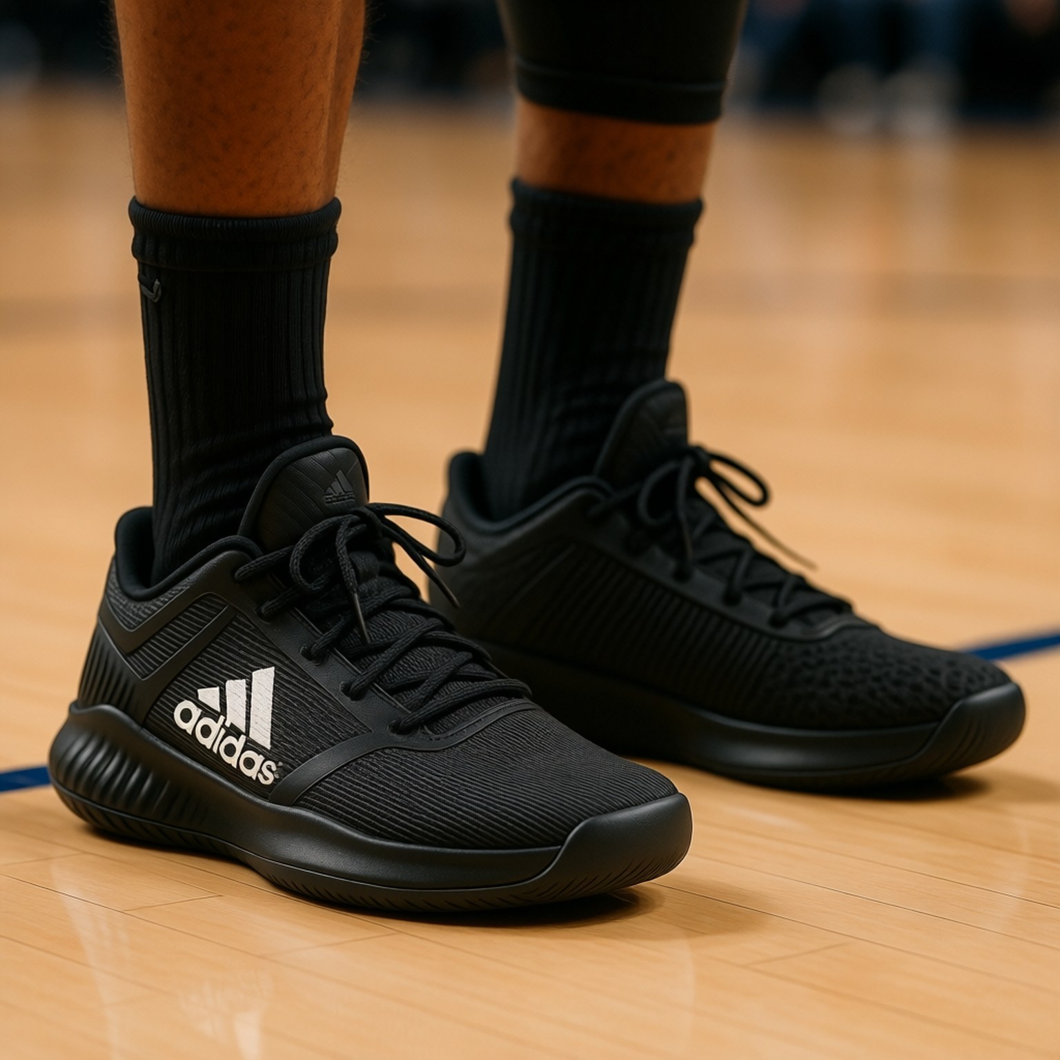 黑色 adidas 籃球鞋在木地板上配黑色襪子