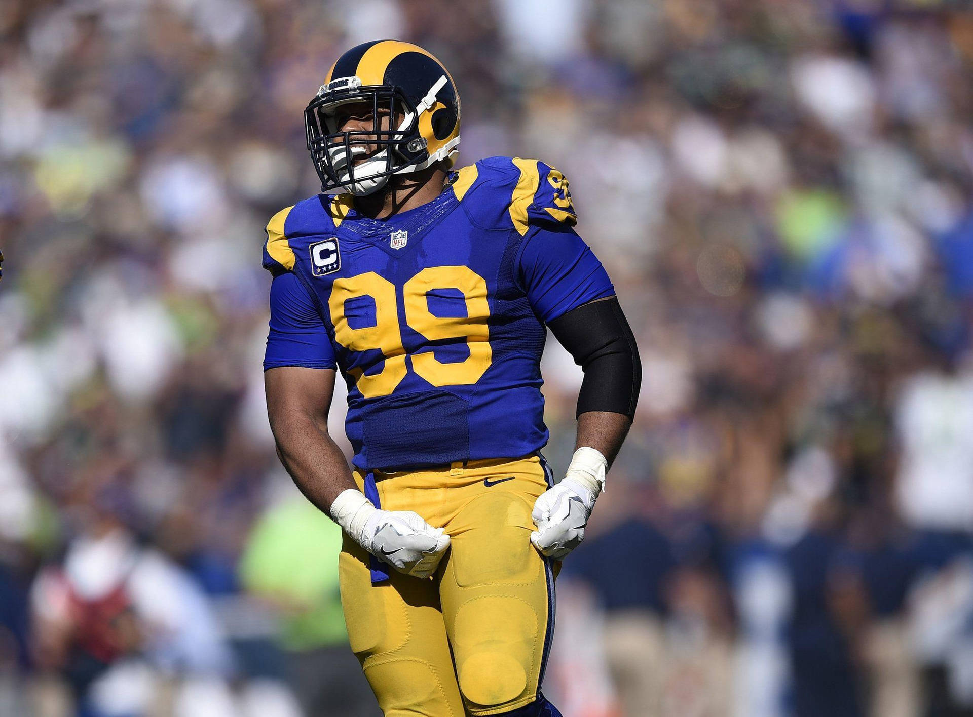 阿隆·唐納德最佳防守端鋒NFL 壁紙 — 一位專注的NFL防守端鋒身穿藍金色公羊隊球衣，在陽光明媚的比賽中站在球場上，背景是模糊的球迷。