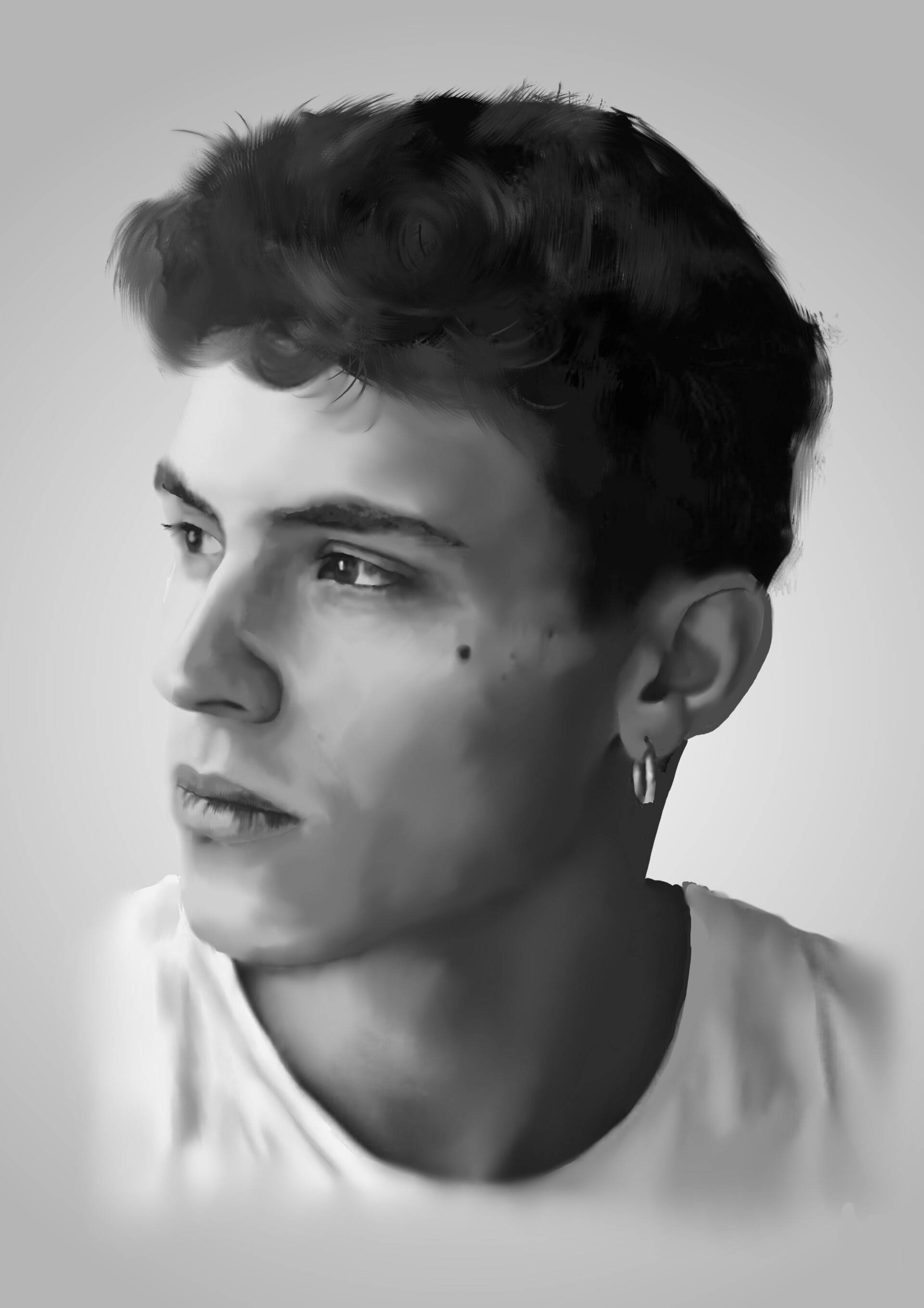 阿隆·派珀藝術畫作 壁紙 — 一個黑白肖像，描繪一位年輕男子，擁有捲曲頭髮和戴著耳環，若有所思地望向一旁。