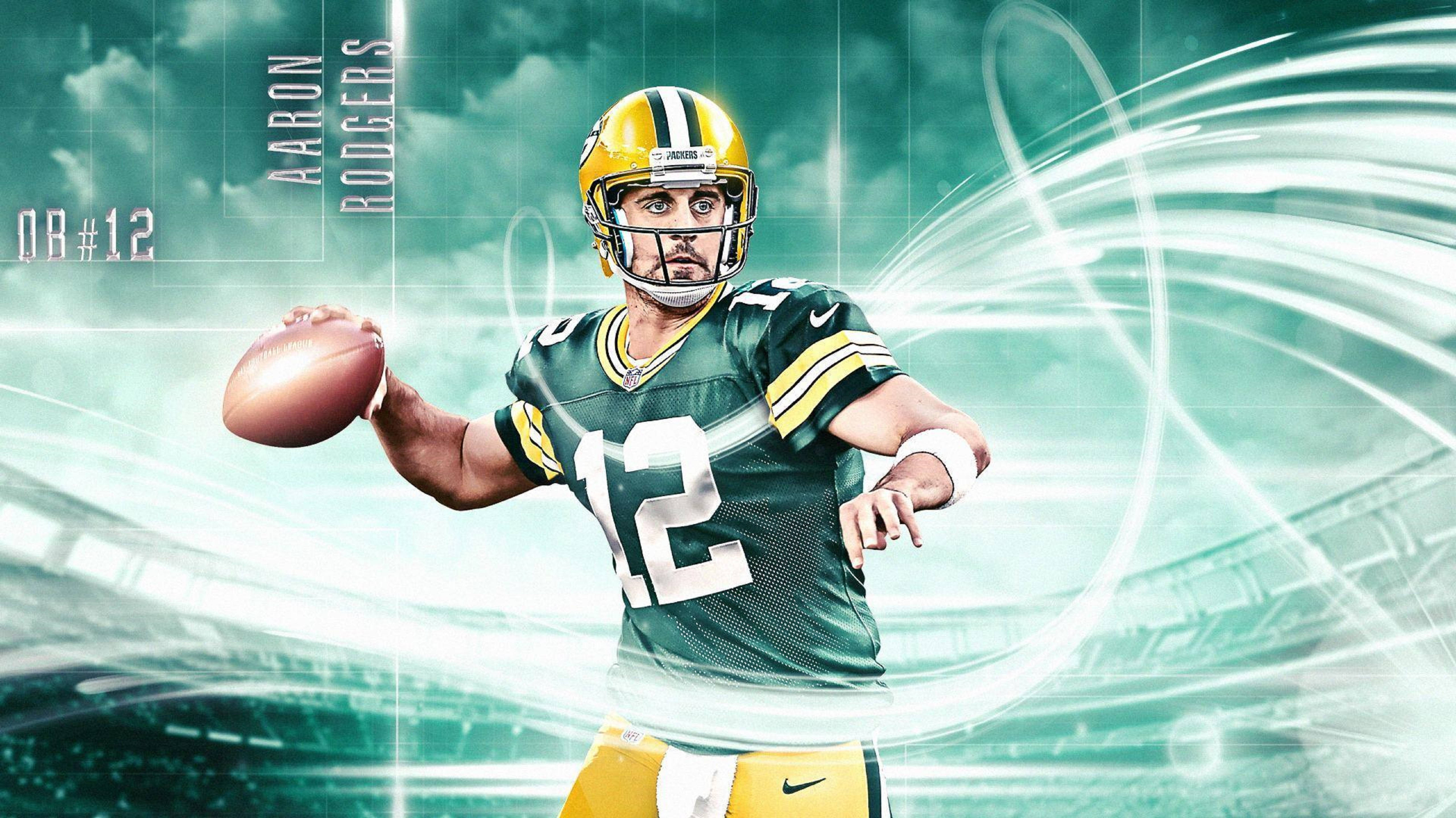 阿隆·羅傑斯 12號 帕克隊藝術 壁紙 — Aaron Rodgers 身穿綠灣包裝工隊球衣，在體育場背景下，伴隨著發光的能量漩渦，正在投球。
