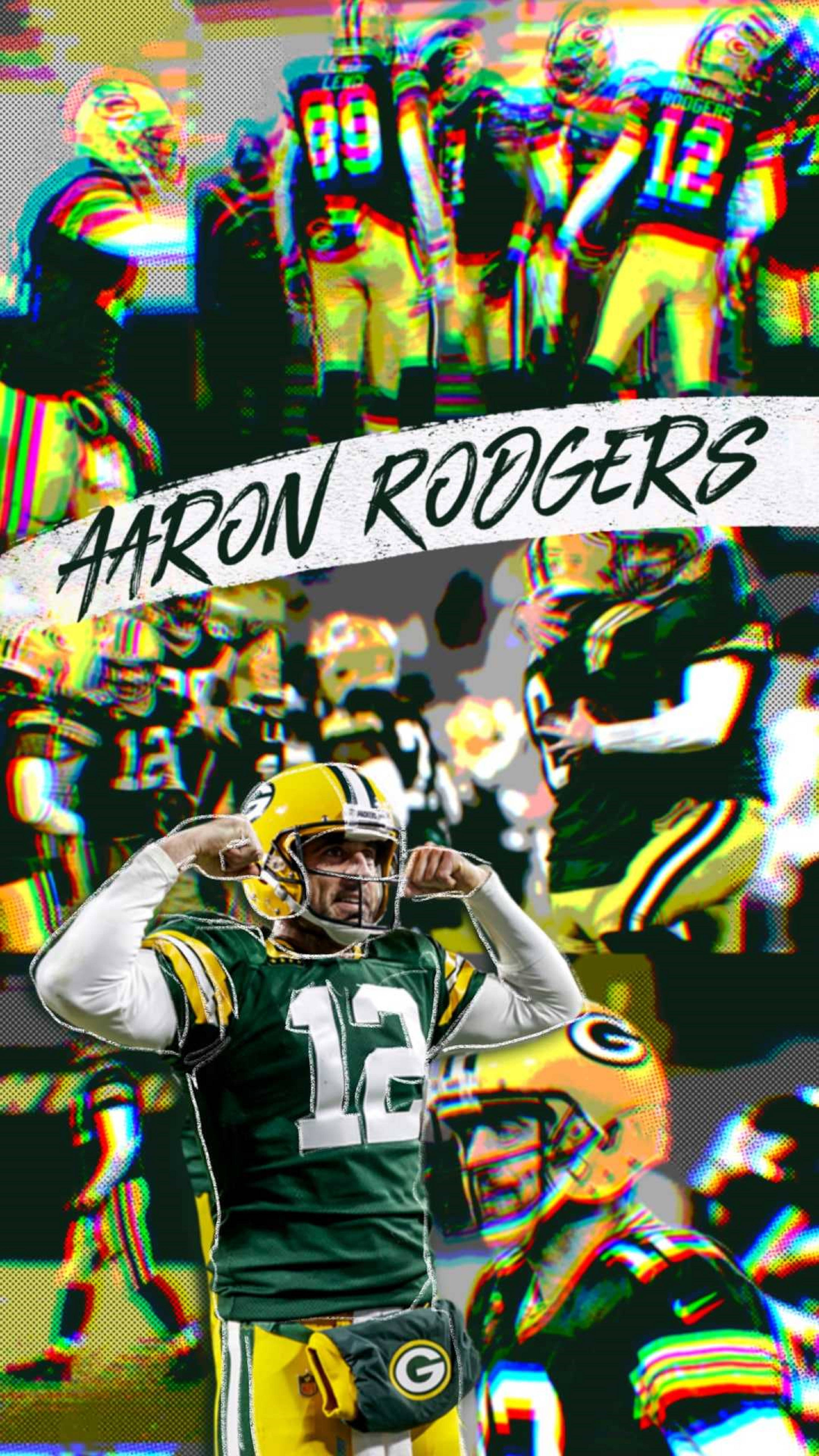 阿隆·羅傑斯 模糊美學 壁紙 — Aaron Rodgers 身穿綠灣包裝工隊裝備的故障藝術拼貼畫，帶有鮮豔扭曲疊加層和粗體文字。