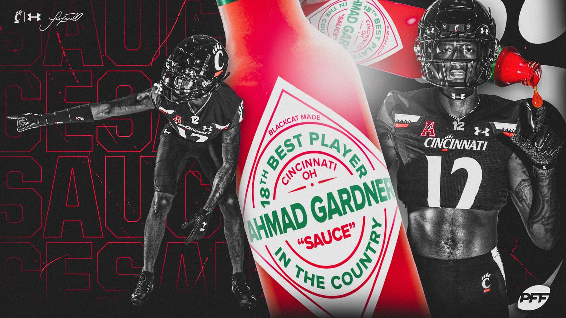 足球運動員站在一個巨大的番茄醬瓶兩側，瓶上標有「Ahmad Gardner Sauce」，並帶有醒目的紅白圖案。