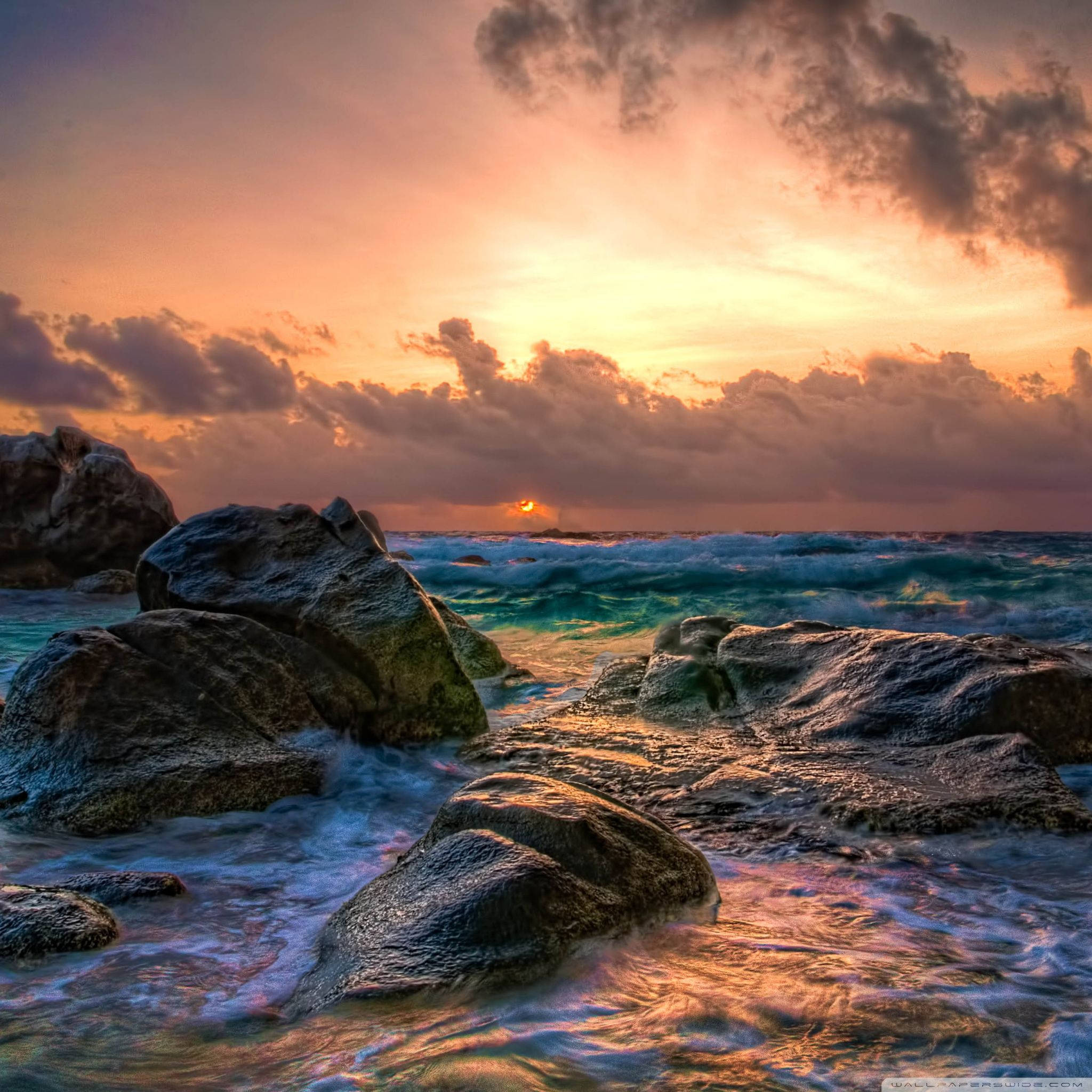 阿魯巴海洋日出 壁紙 — 夕陽將天空染成火熱的橙色和粉紅色，海浪拍打著崎嶇的海岸岩石。