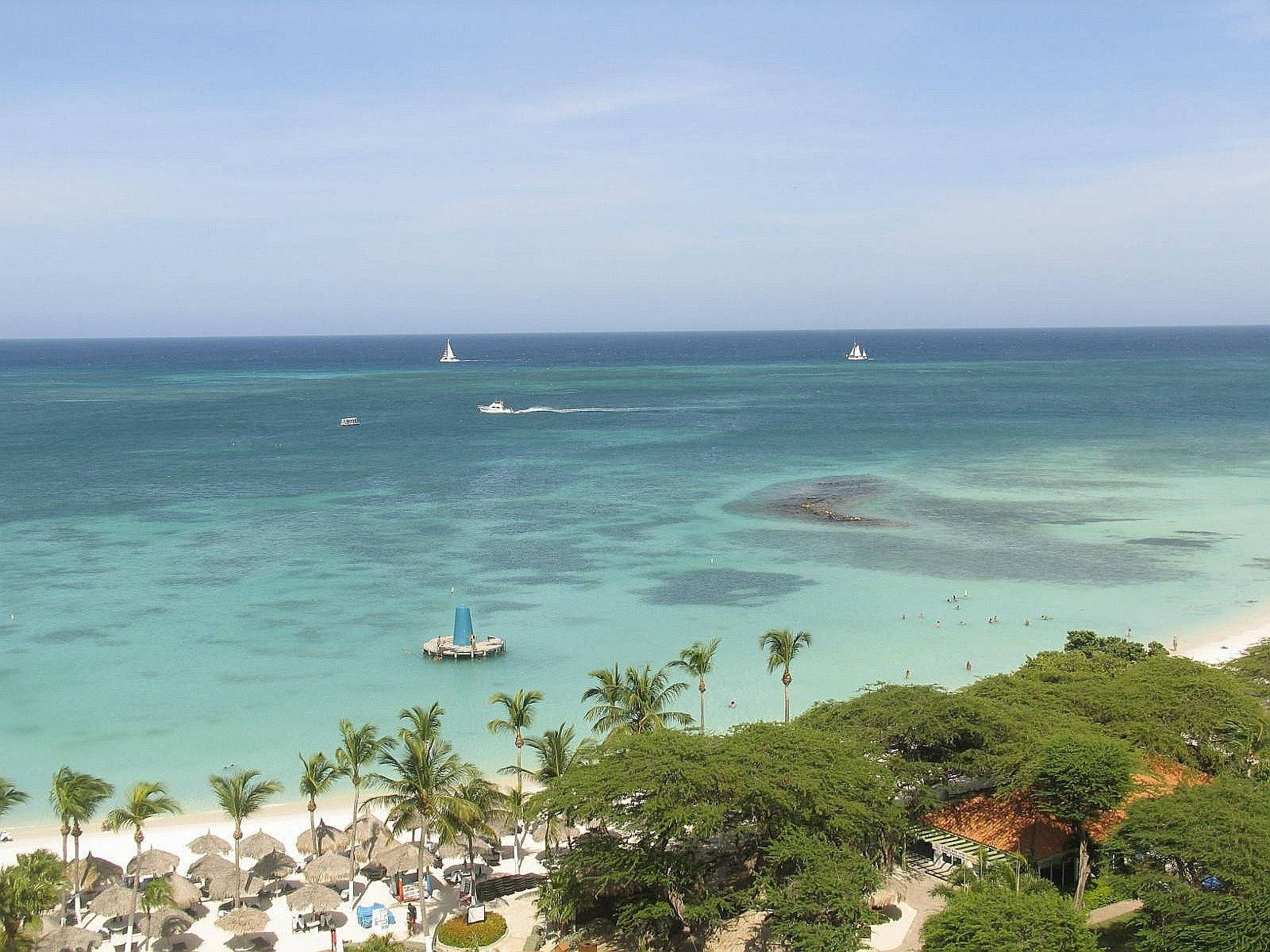 阿魯巴海濱海岸線 壁紙 — 熱帶海灘的鳥瞰圖，有碧綠的海水、棕櫚樹和帆船，在晴朗的藍天下。