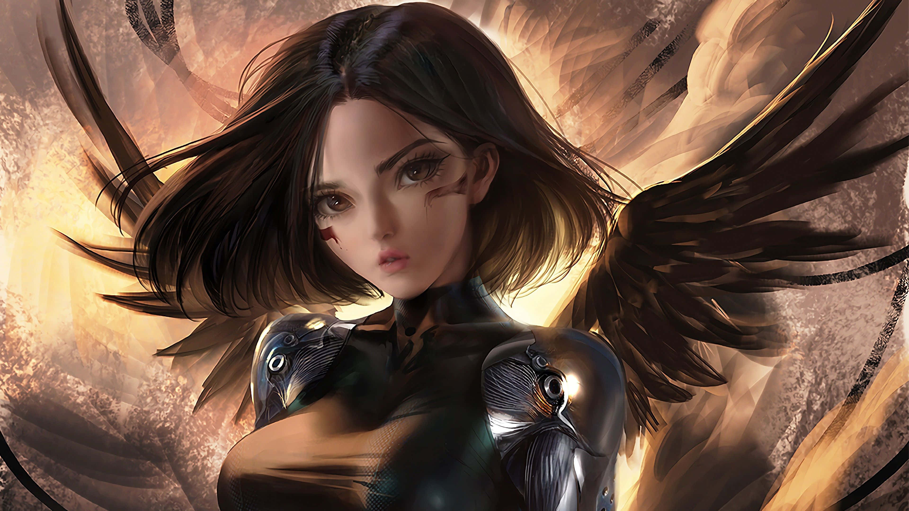 《阿麗塔：戰鬥天使》中的戰鬥女戰士阿麗塔 壁紙 — 一個數碼藝術動漫女孩，擁有暗色翅膀和機械鳥肩甲，在旋轉的金棕色背景下凝視著。