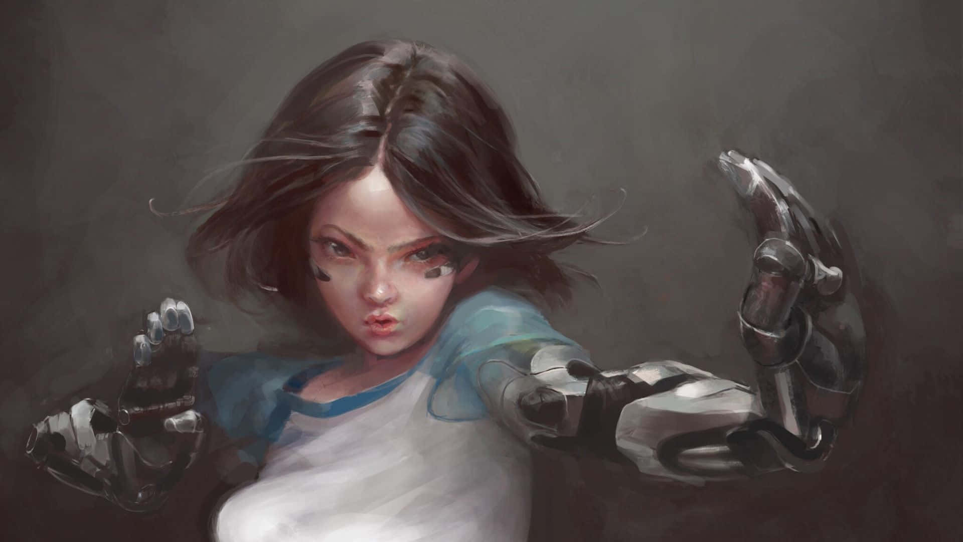 《阿麗塔：戰鬥天使》席卷全球 壁紙 — 一個決心堅定的年輕女性，深色頭髮，機械手臂，在柔和的灰色背景前凝視前方。