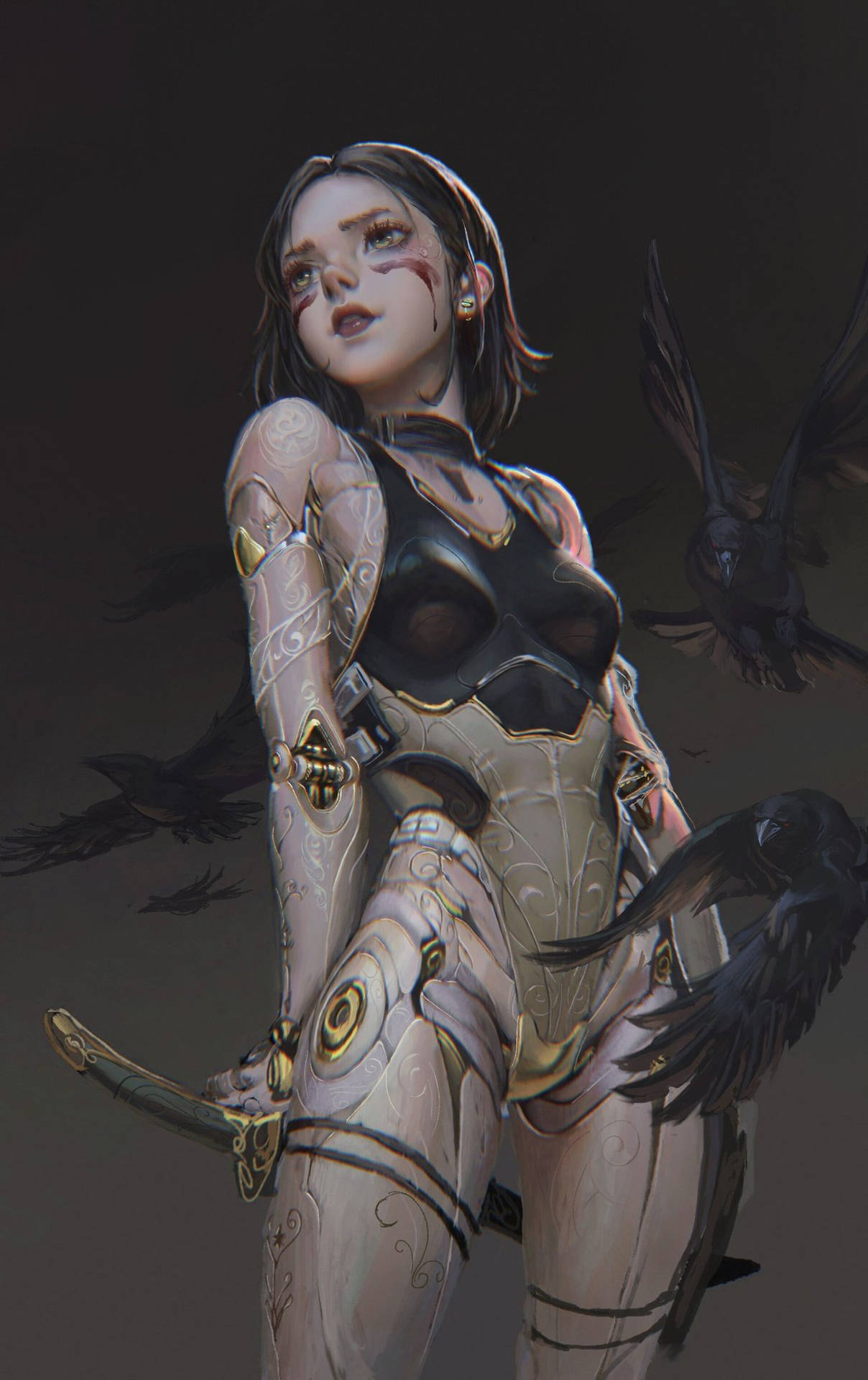 一位身穿華麗盔甲的賽博龐克女戰士，在黑暗的環境中手持劍，烏鴉在她周圍飛翔。