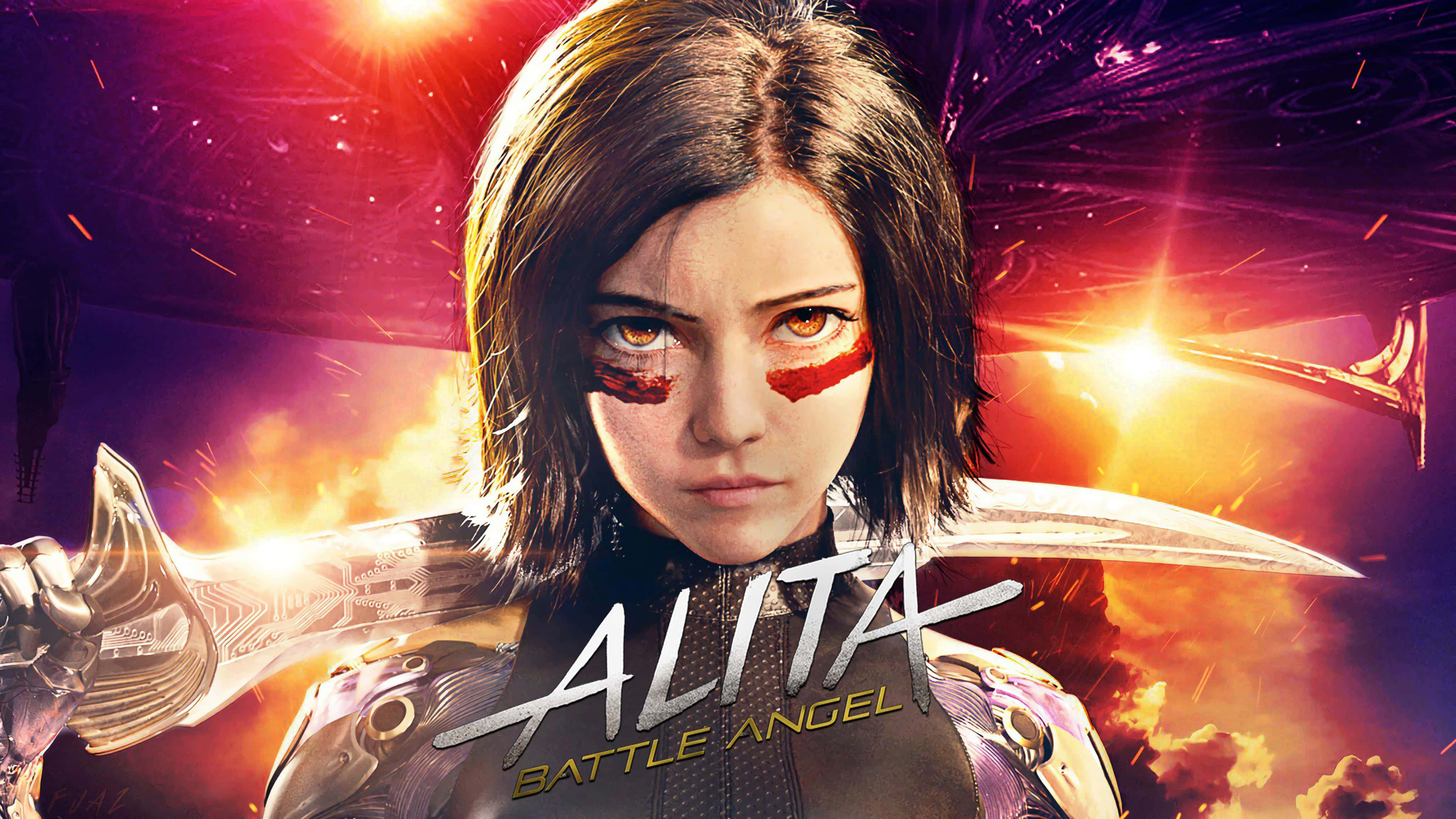 阿麗塔戰鬥天使——準備加入戰鬥 壁紙 — Cyberpunk 戰士 Alita 以發光的眼睛和刀刃挑釁地站在熾熱的宇宙背景下。