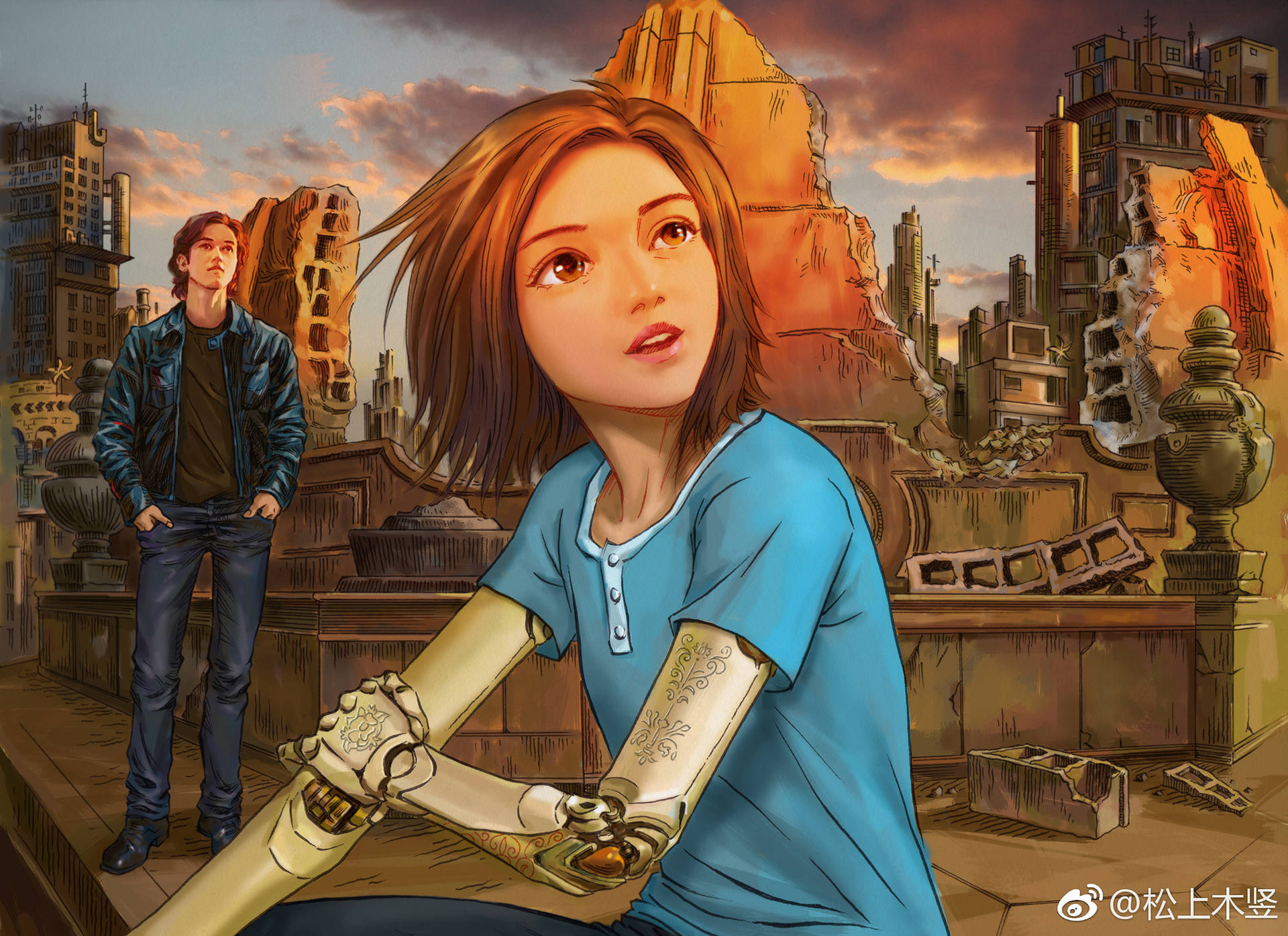 年輕女性機械手臂在夕陽下的廢墟城市，男子站在她身後。