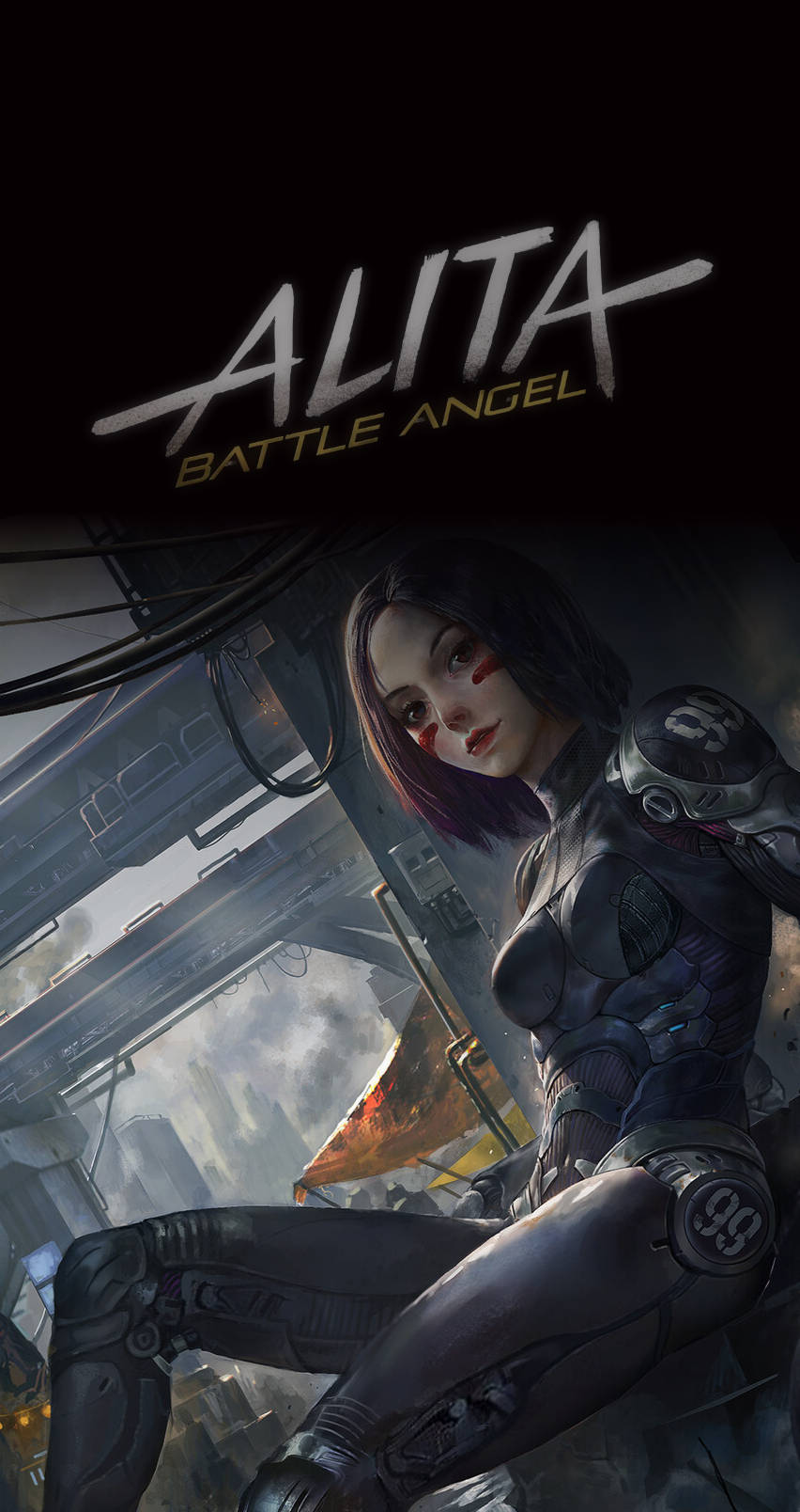 Alita Battle Angel 在一個被雨水浸濕的 cyberpunk 城市中，周圍有霓虹燈和鋼鐵建築。