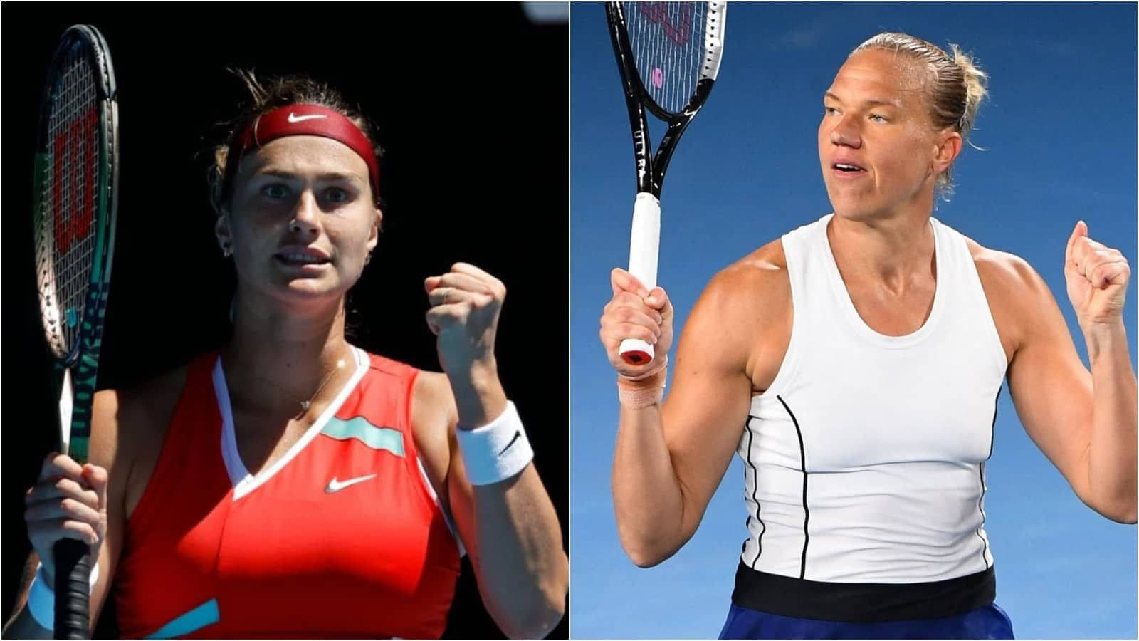 兩名女網球選手高舉拳頭，手持球拍慶祝勝利。