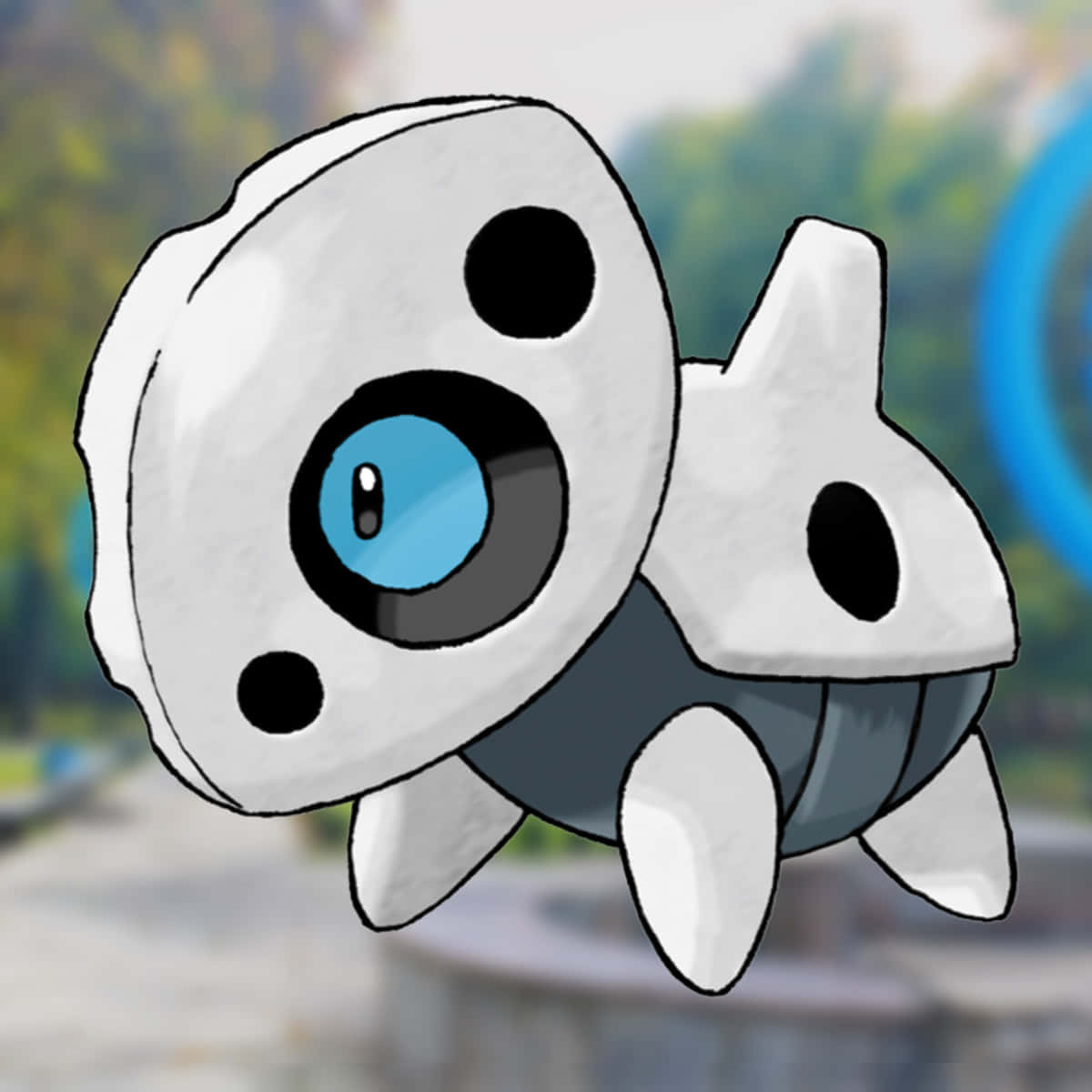 阿龍悠閒漫步於自然林徑 壁紙 — 一隻卡通風格嘅白色Pokémon，有一隻大藍色眼睛同黑色斑點，喺模糊嘅戶外背景中漂浮。