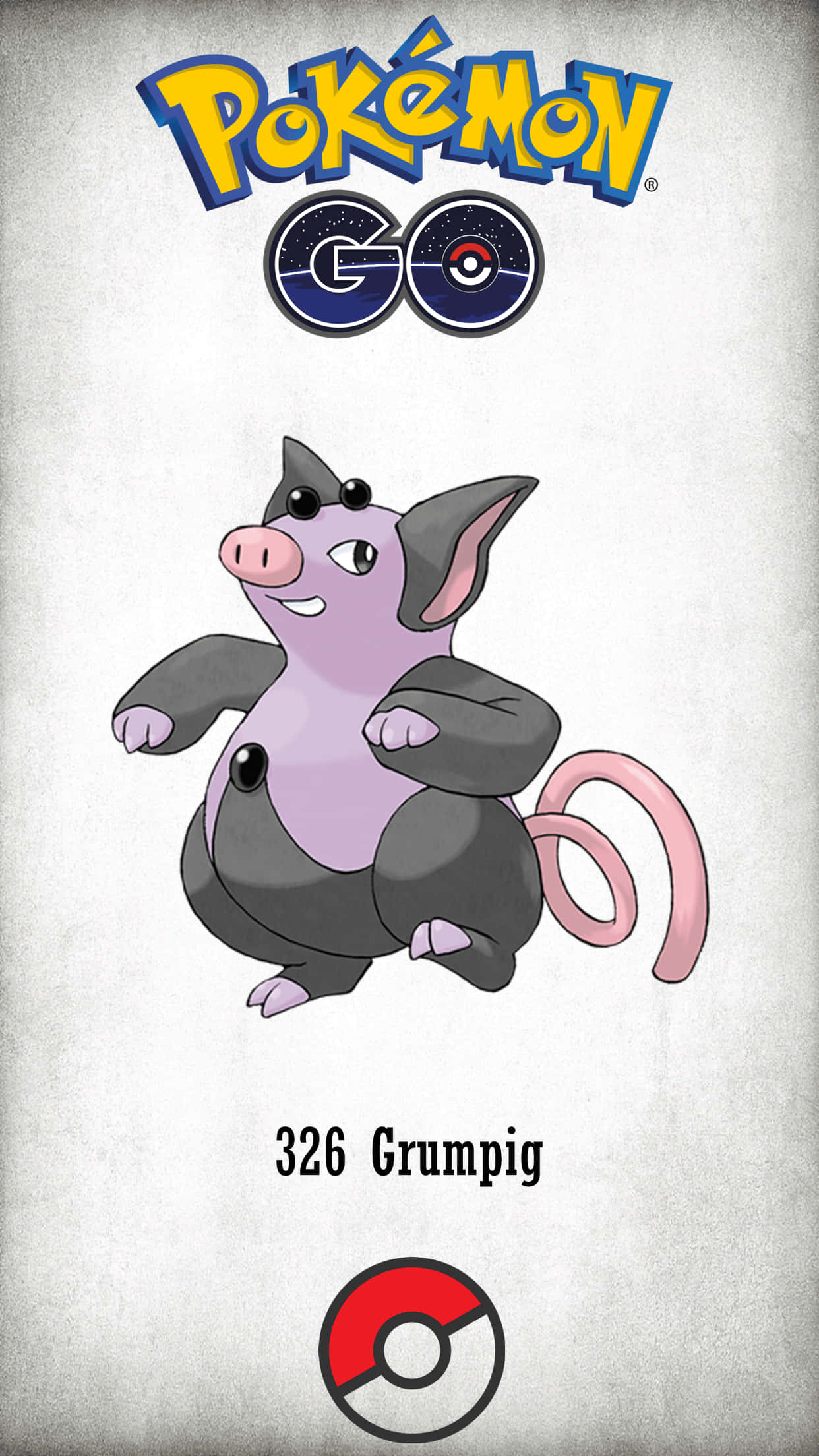 附Pokémon Go標誌的格拉比 壁紙 — 來自 Pokémon GO 的卡通 Grumpig 站在有紋理的灰色背景上，下方有遊戲標誌和精靈球。