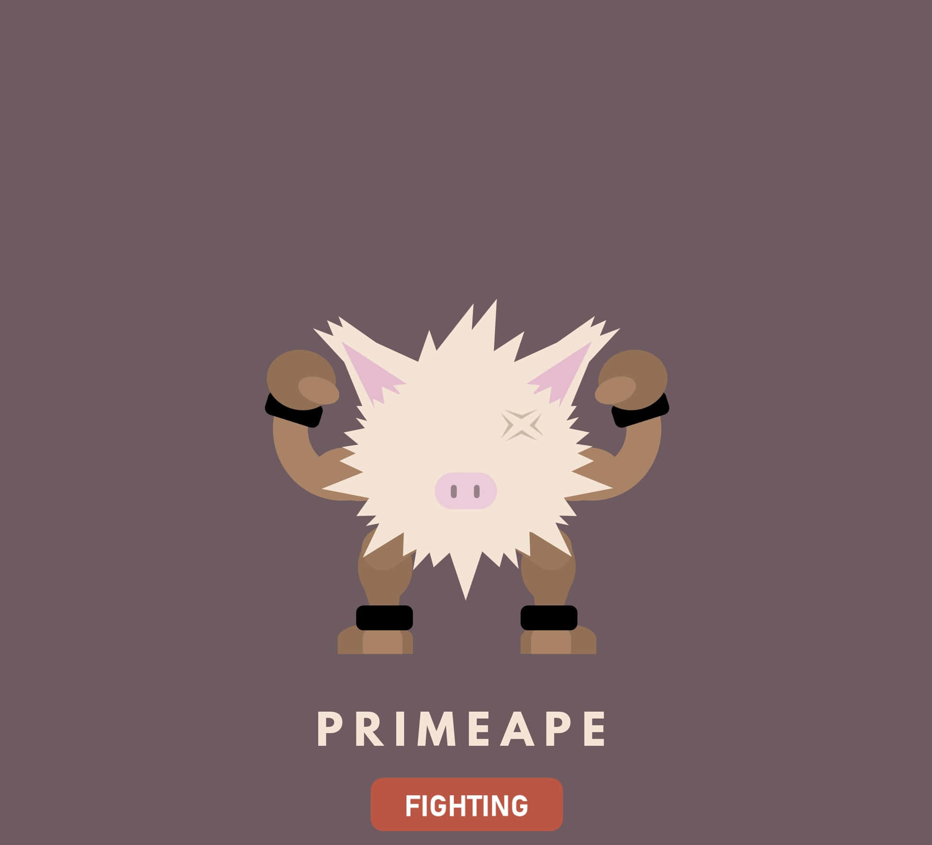 一隻卡通靈長類動物展示肌肉，下方文字寫著「PRIMEAPE」和「FIGHTING」。