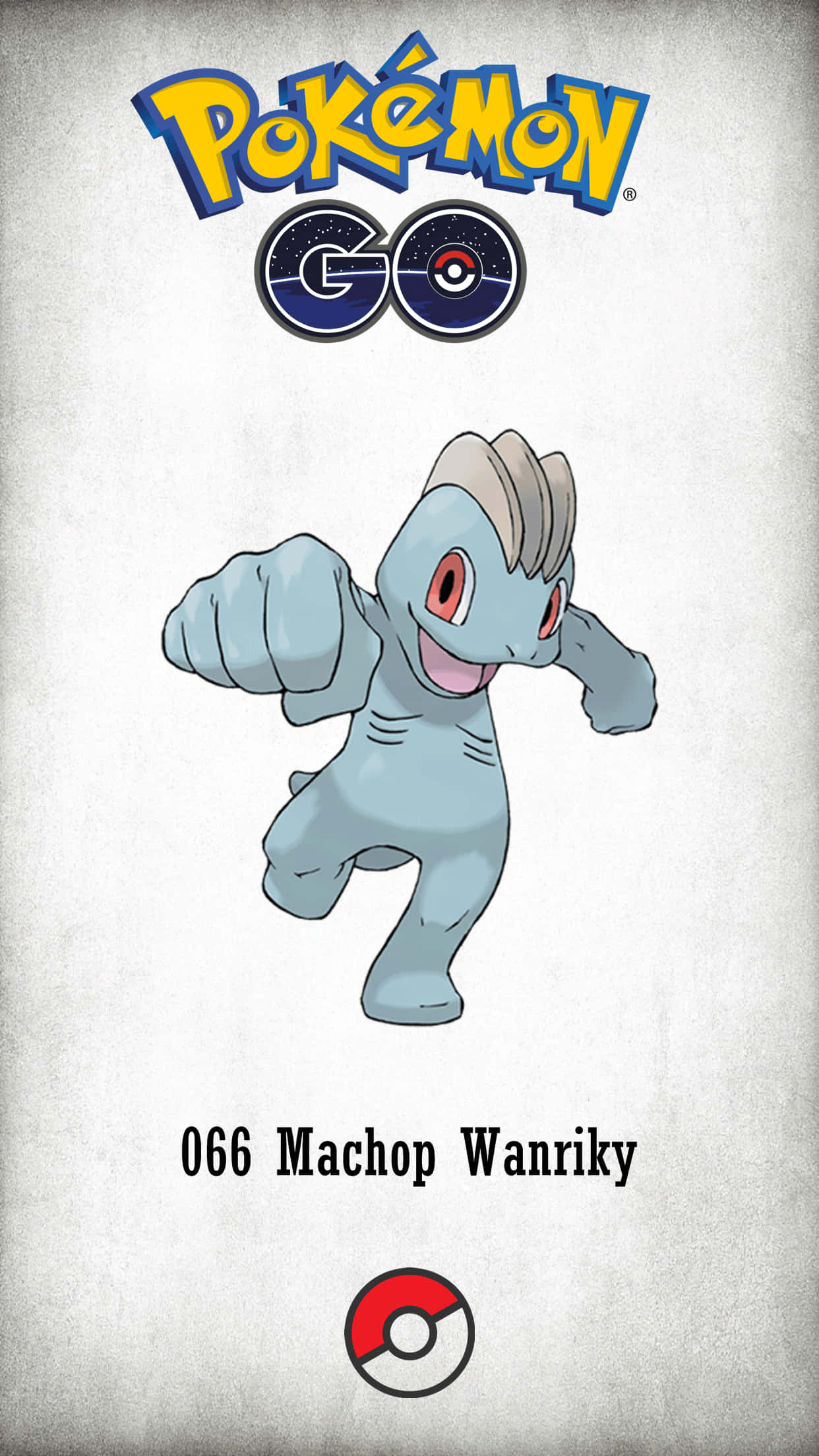 附寶可夢圖鑑編號的馬可普插畫 壁紙 — 來自 Pokémon GO 的開心藍色腕力在帶有遊戲標誌的紋理灰色背景上動態擺姿勢。