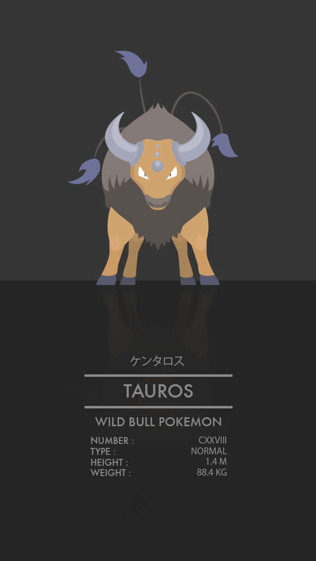 附帶數據的 Tauros 壁紙 — 一隻風格化的 Tauros 寶可夢在黑暗背景前，下方有反射表面，大膽地站立著。