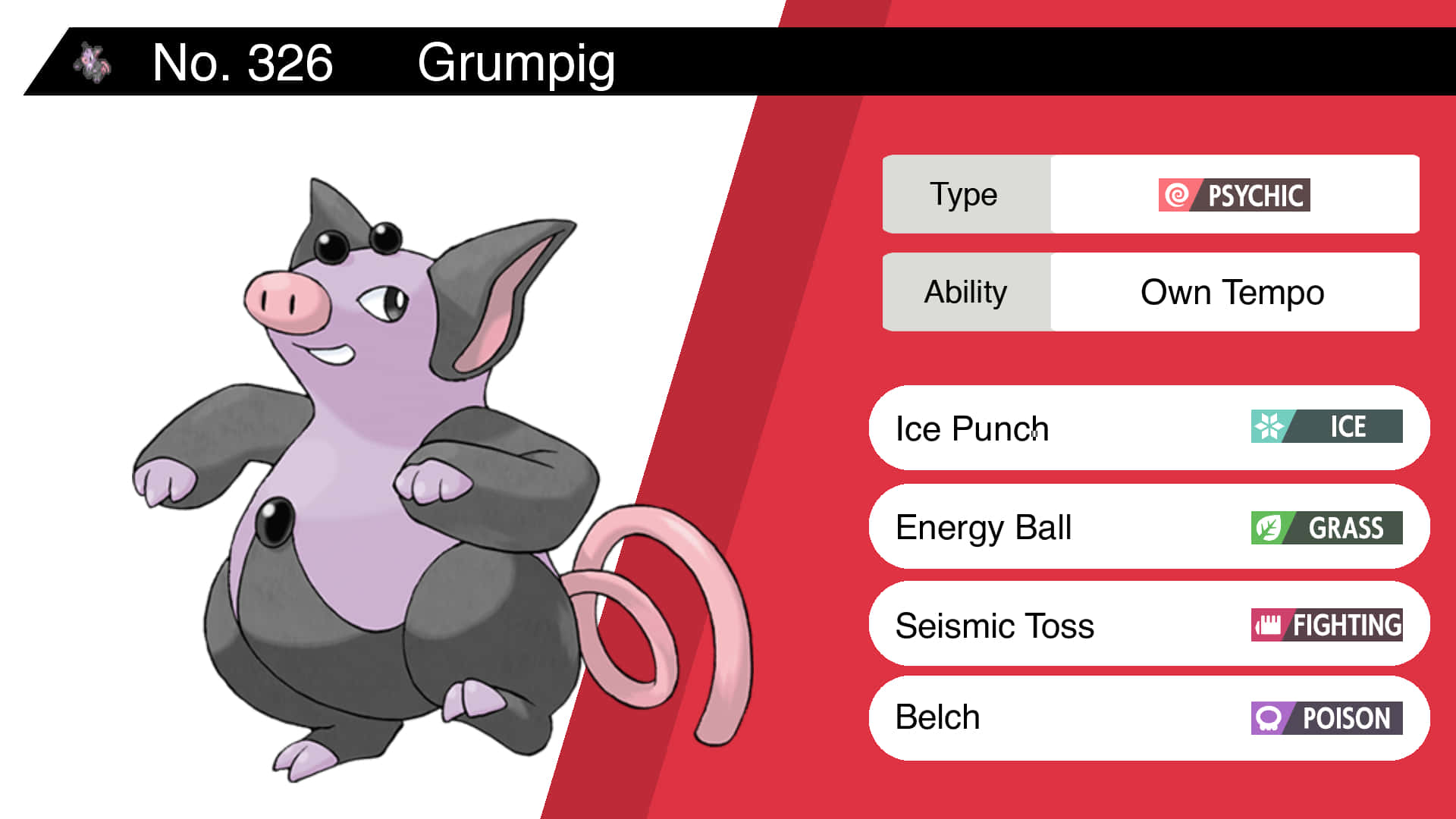 附帶數據的格拉比 壁紙 — 一隻紫色同灰色嘅Grumpig自信地企喺佢嘅Pokédex條目旁邊，顯示超能力屬性同埋冰拳同打嗝等招式。