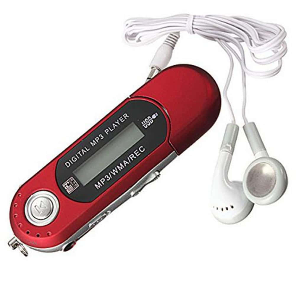 附帶耳機的紅色MP3播放器 壁紙 — 一部時尚的紅色數碼MP3播放器，旁邊纏繞著白色耳塞，置於潔白背景上。