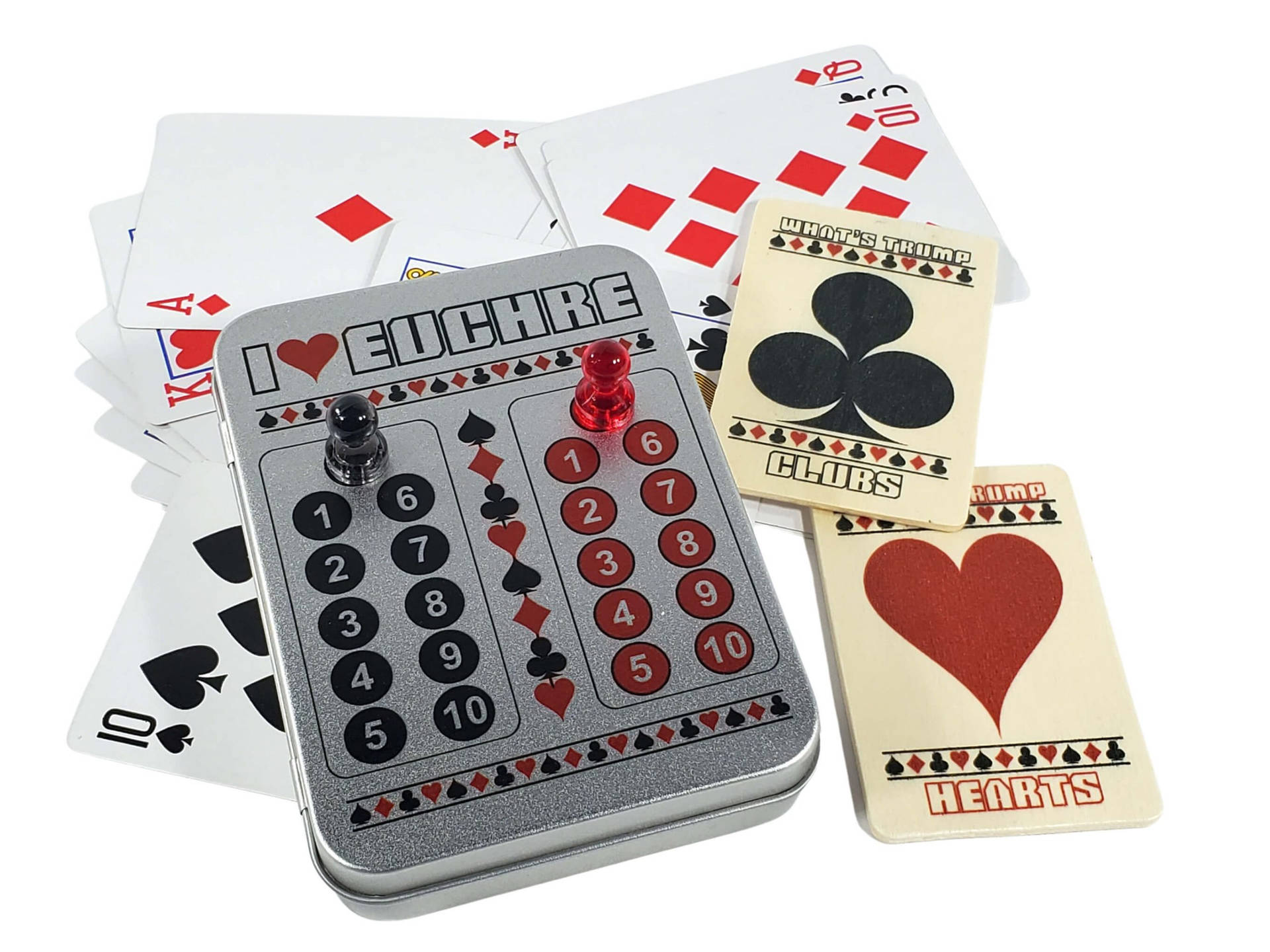 Euchre遊戲罐，有數字按鈕同散落嘅啤牌。