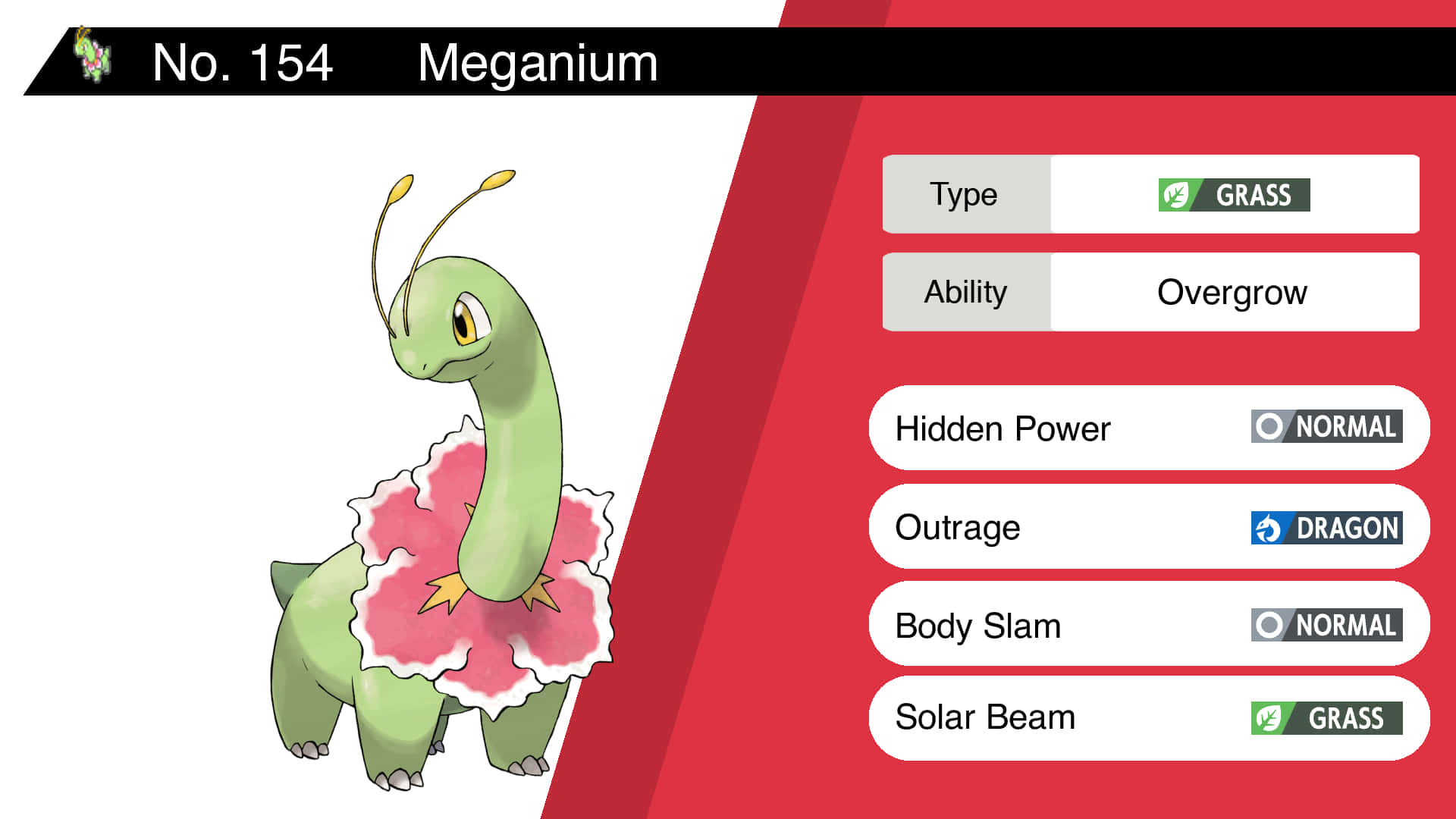 綠色Pokémon Meganium，帶有粉紅色花朵，手持統計卡。